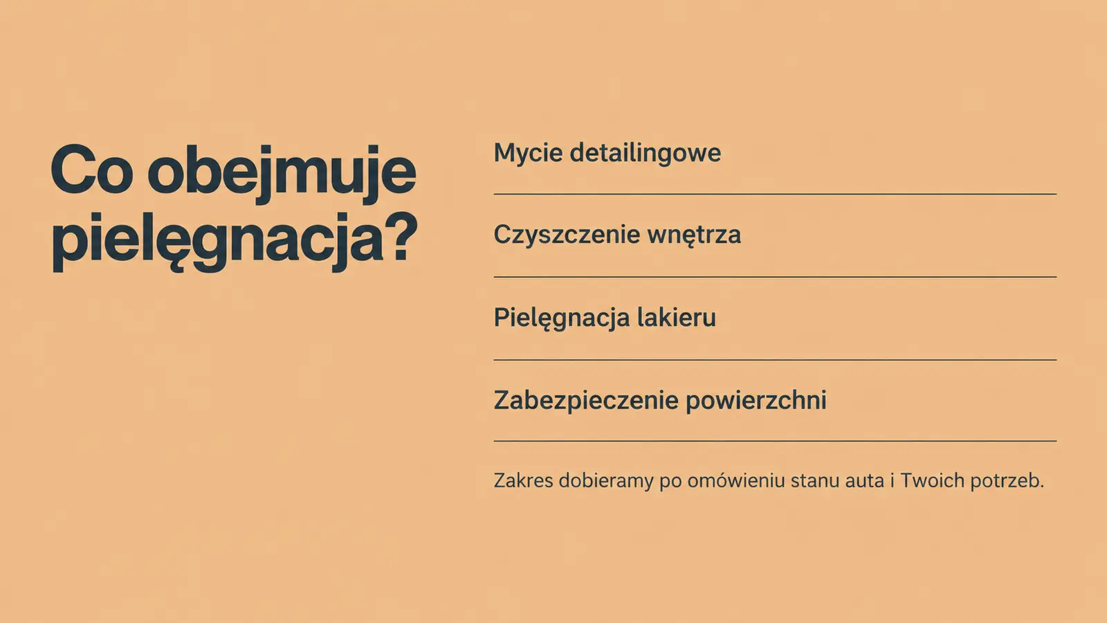 Projekt szablonu Galeria dla auto detailingu — sekcja Zakres pielęgnacji