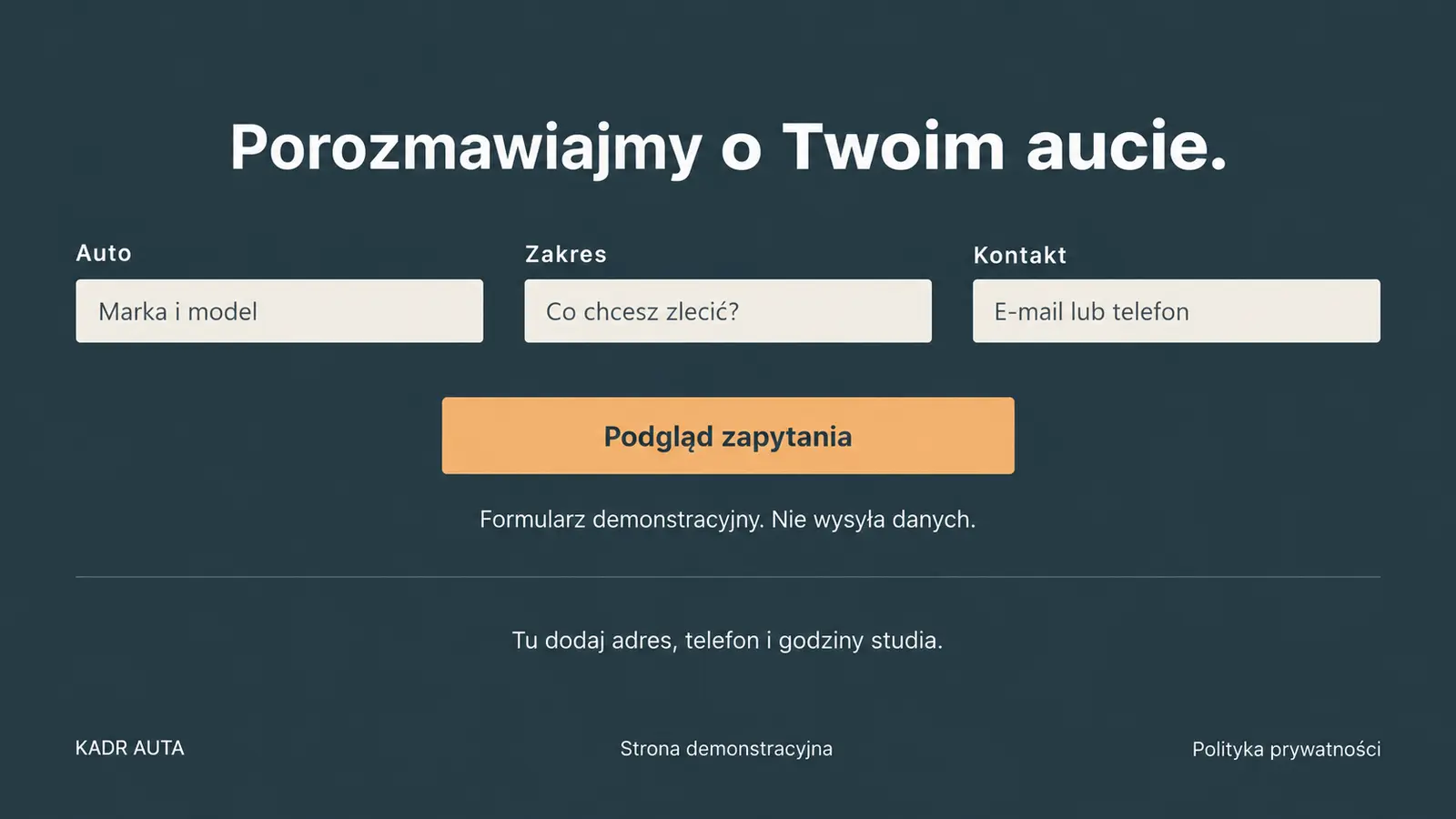 Projekt szablonu Galeria dla auto detailingu — sekcja Zapytanie o pakiet