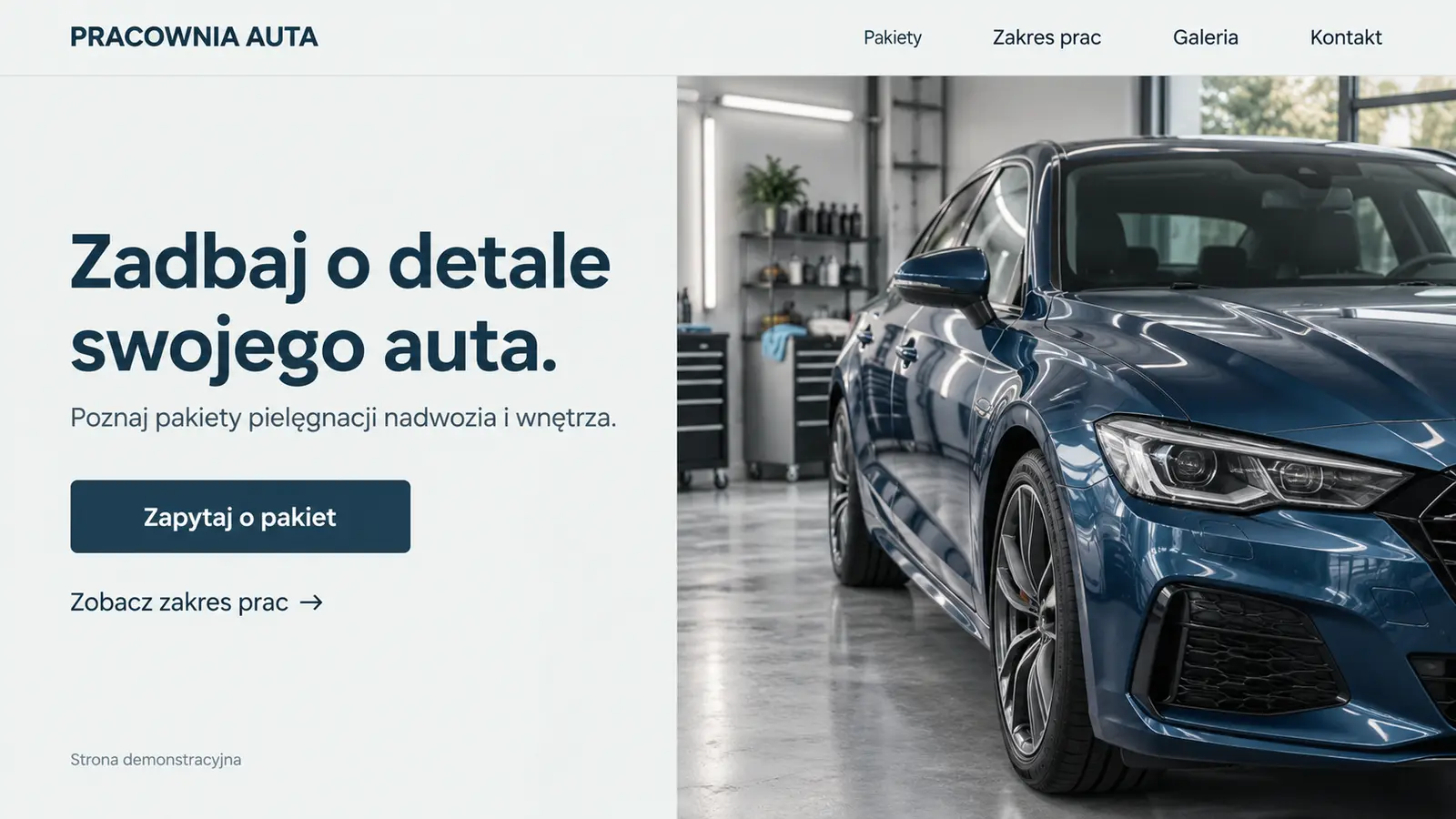 Projekt szablonu Klasyczny dla auto detailingu — sekcja Pracownia detailingu