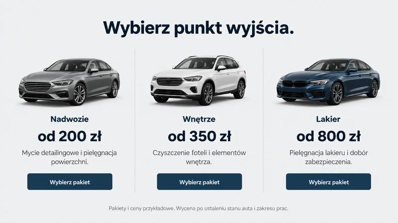 Projekt szablonu Klasyczny dla auto detailingu — sekcja Pakiety i ceny