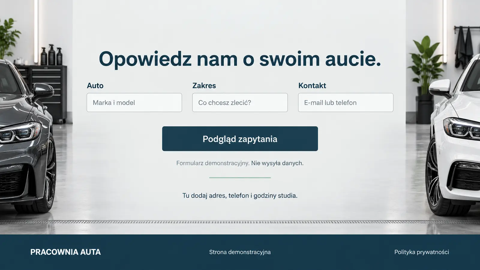 Projekt szablonu Klasyczny dla auto detailingu — sekcja Zapytanie o pakiet