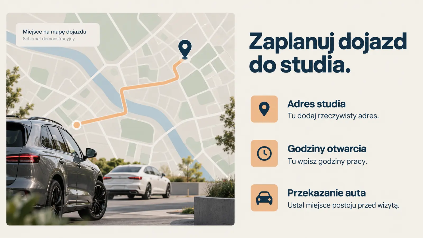 Projekt szablonu Lokalny dla auto detailingu — sekcja Dojazd i kontakt