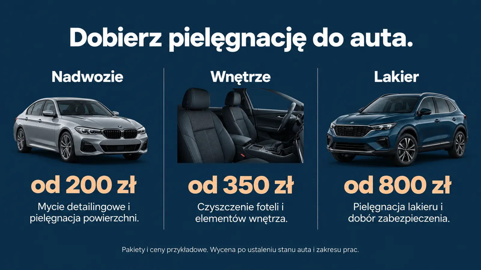Projekt szablonu Lokalny dla auto detailingu — sekcja Pakiety