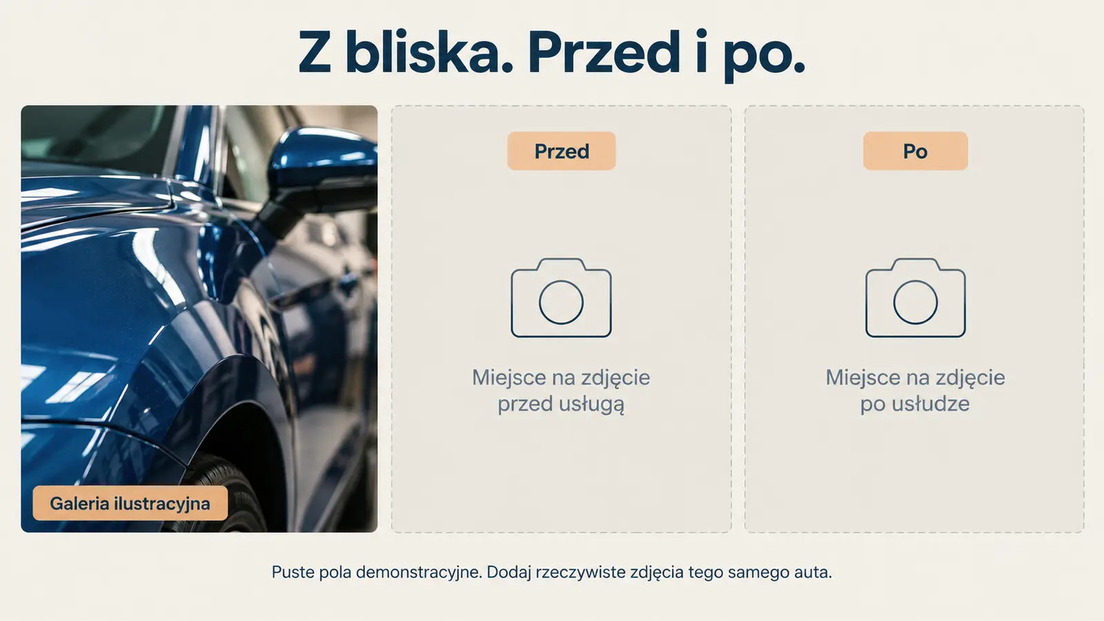Projekt szablonu Lokalny dla auto detailingu — sekcja Galeria i porównanie
