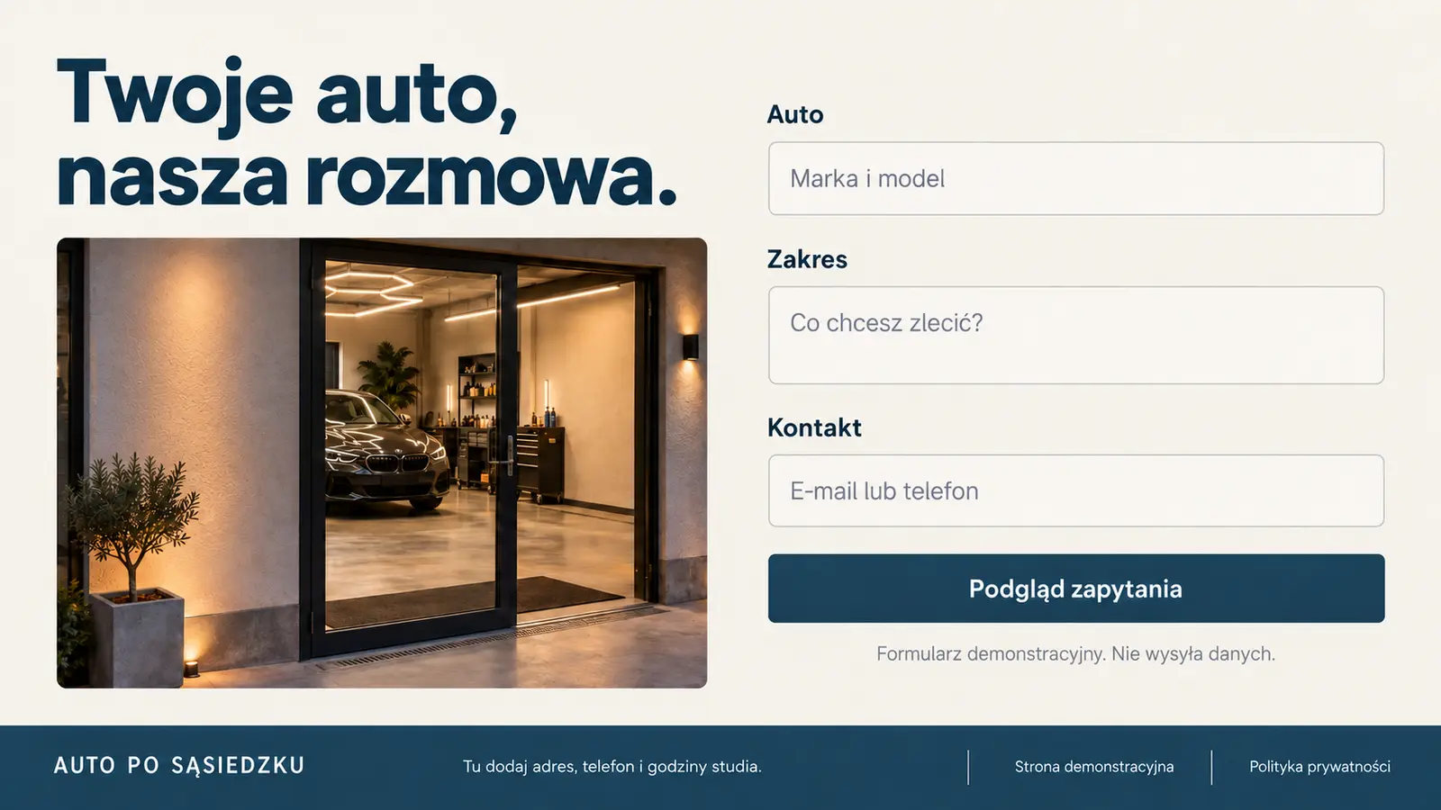 Projekt szablonu Lokalny dla auto detailingu — sekcja Kontakt