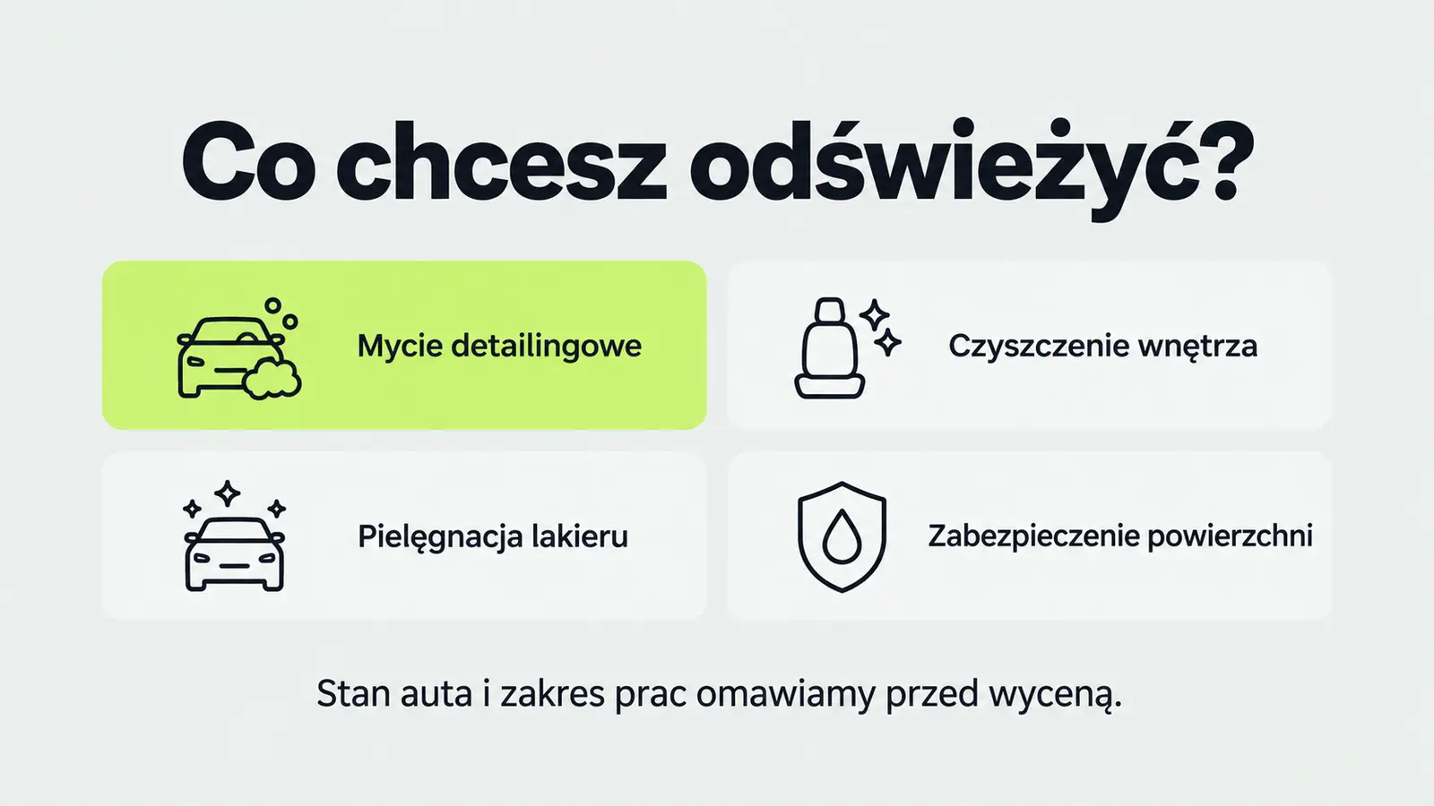 Projekt szablonu Nowoczesny dla auto detailingu — sekcja Wybierz zakres