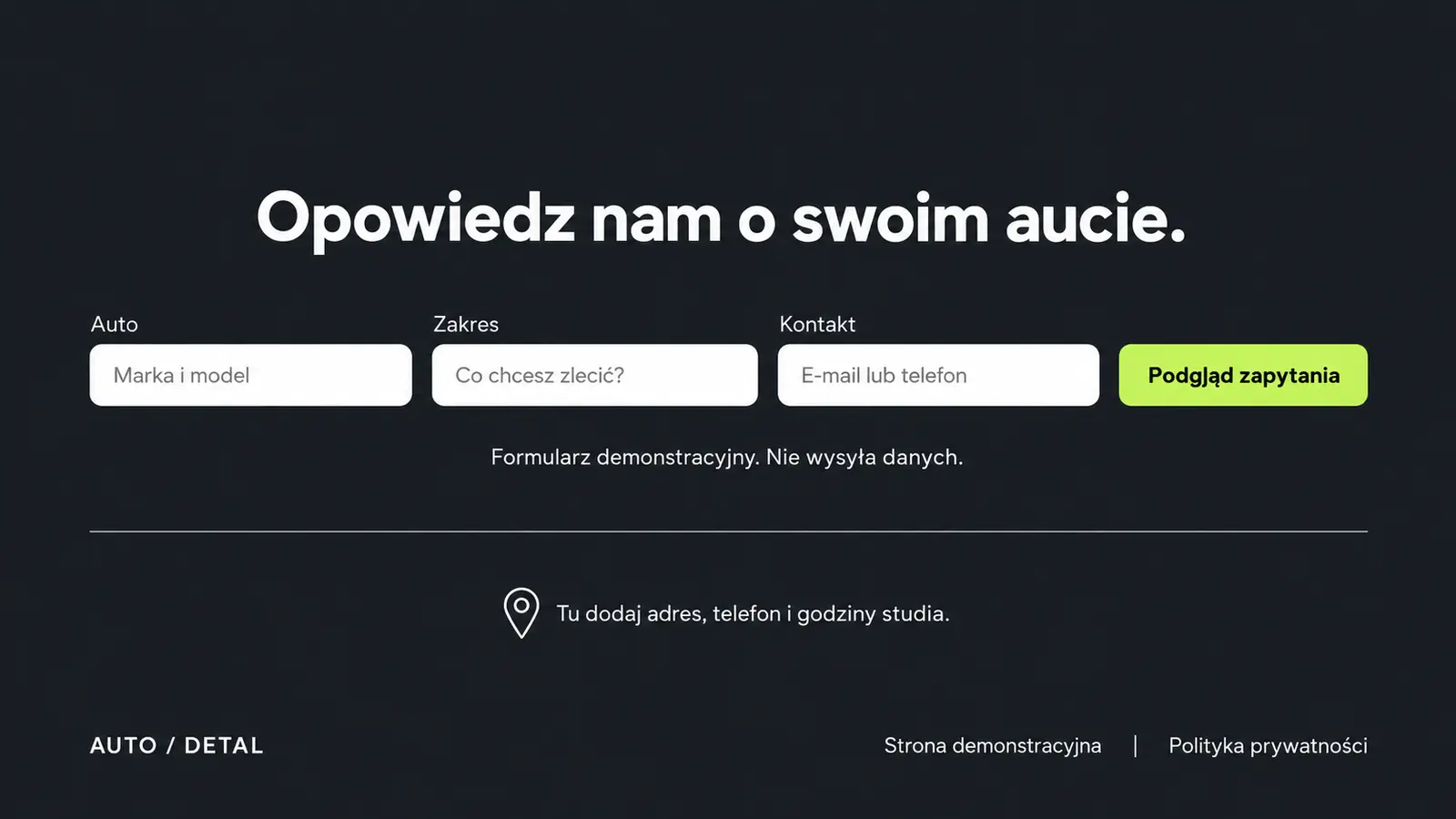 Projekt szablonu Nowoczesny dla auto detailingu — sekcja Zapytanie o pakiet