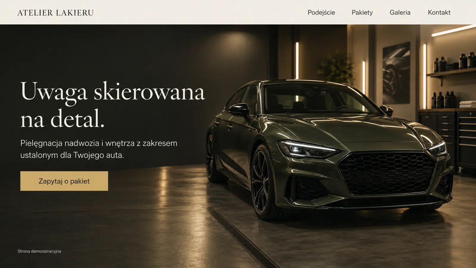 Projekt szablonu Premium dla auto detailingu — sekcja Atelier lakieru