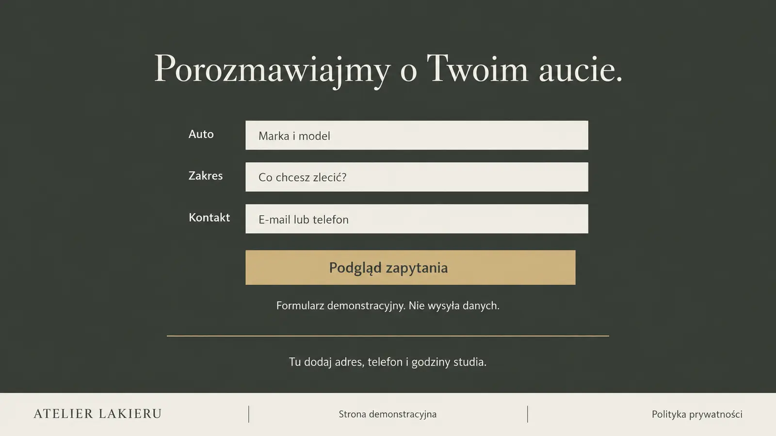 Projekt szablonu Premium dla auto detailingu — sekcja Zapytanie