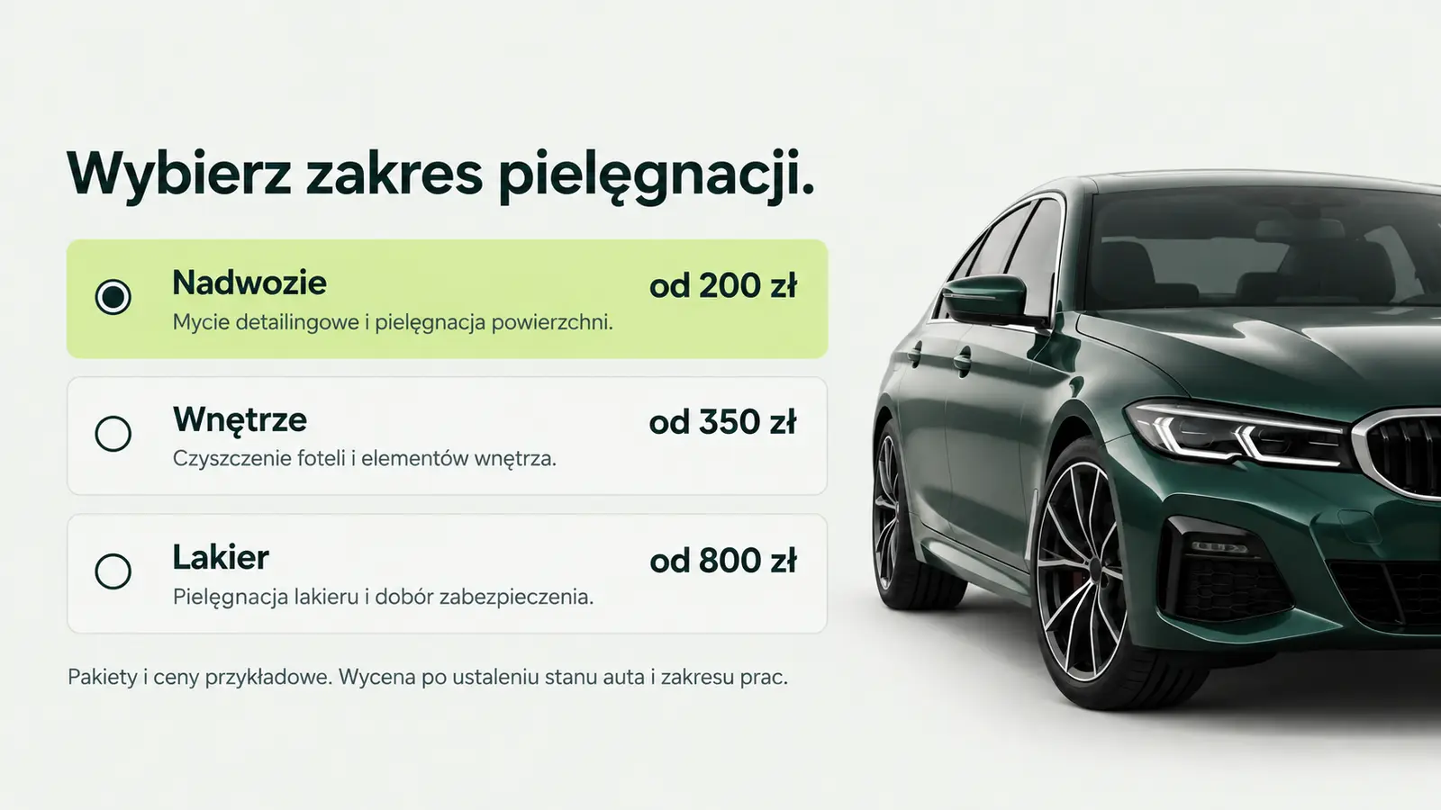 Projekt szablonu Rezerwacje dla auto detailingu — sekcja Wybór pakietu