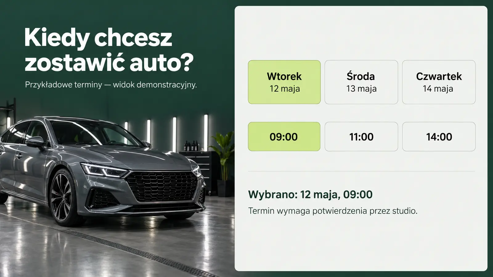 Projekt szablonu Rezerwacje dla auto detailingu — sekcja Terminy