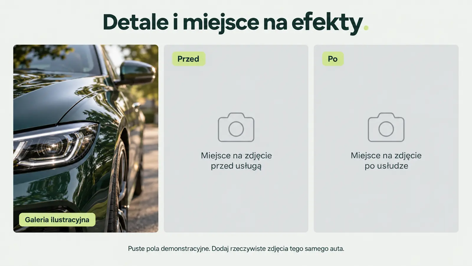 Projekt szablonu Rezerwacje dla auto detailingu — sekcja Galeria i porównanie