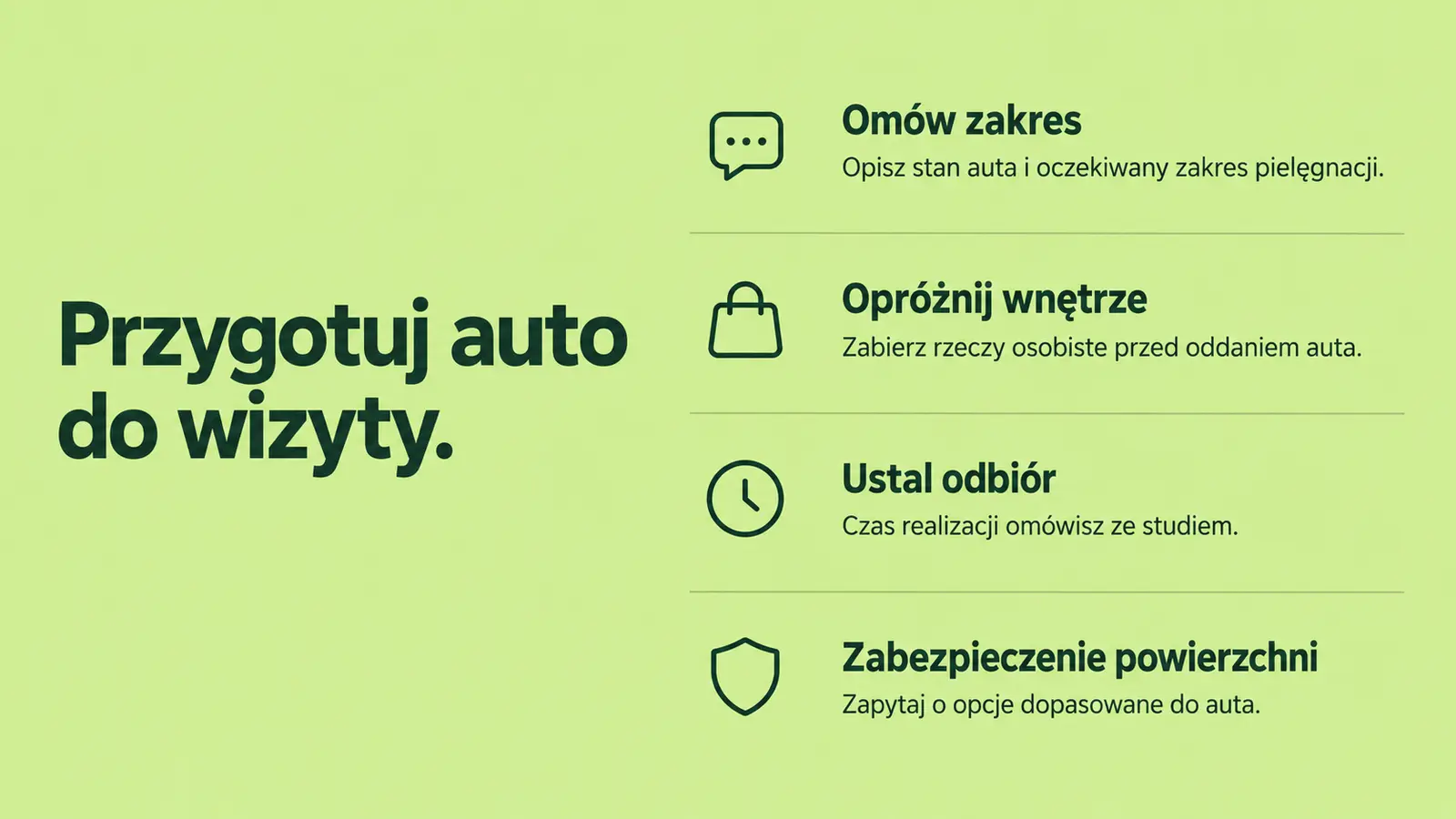 Projekt szablonu Rezerwacje dla auto detailingu — sekcja Przed wizytą