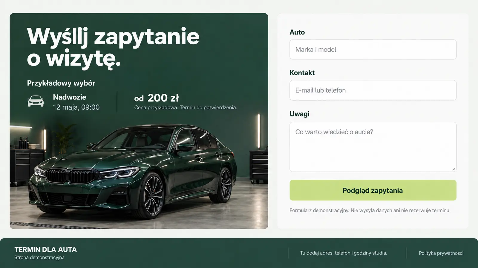 Projekt szablonu Rezerwacje dla auto detailingu — sekcja Zapytanie o rezerwację
