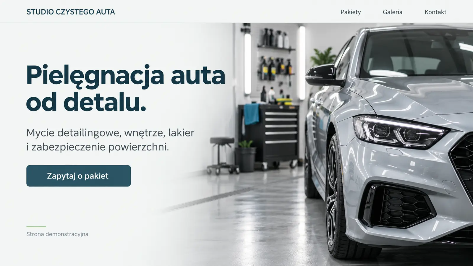 Projekt szablonu Wizytówka dla auto detailingu — sekcja Studio czystego auta