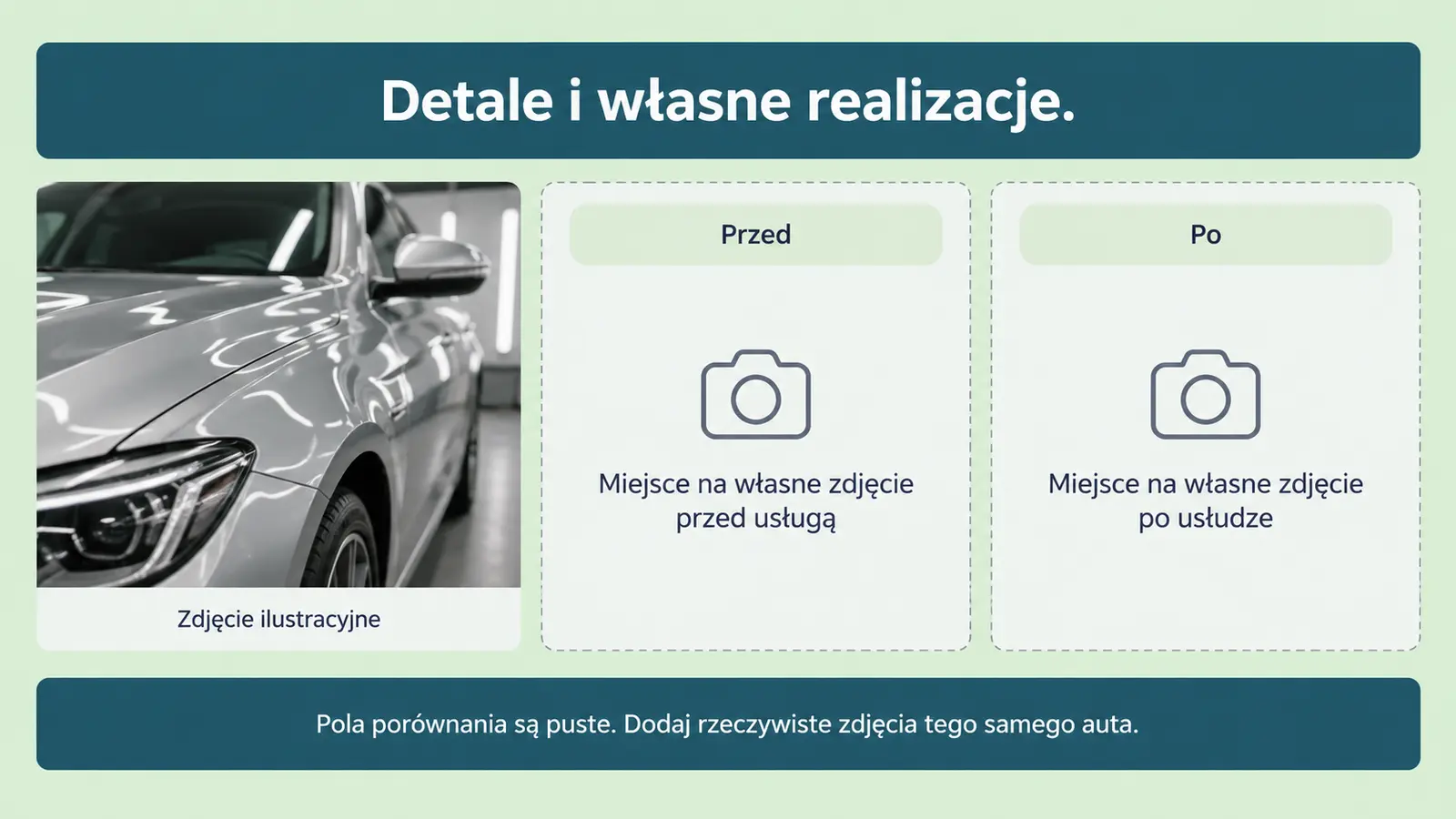Projekt szablonu Wizytówka dla auto detailingu — sekcja Galeria i własne porównanie