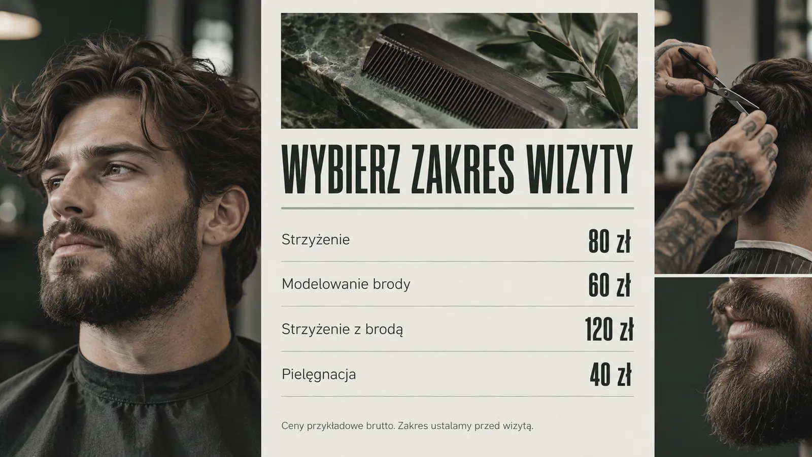 Projekt szablonu Galeria dla barbera — sekcja Usługi i ceny