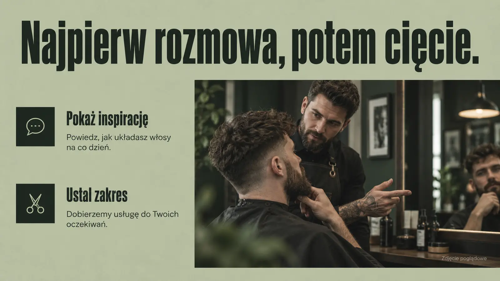Projekt szablonu Galeria dla barbera — sekcja Przed wizytą