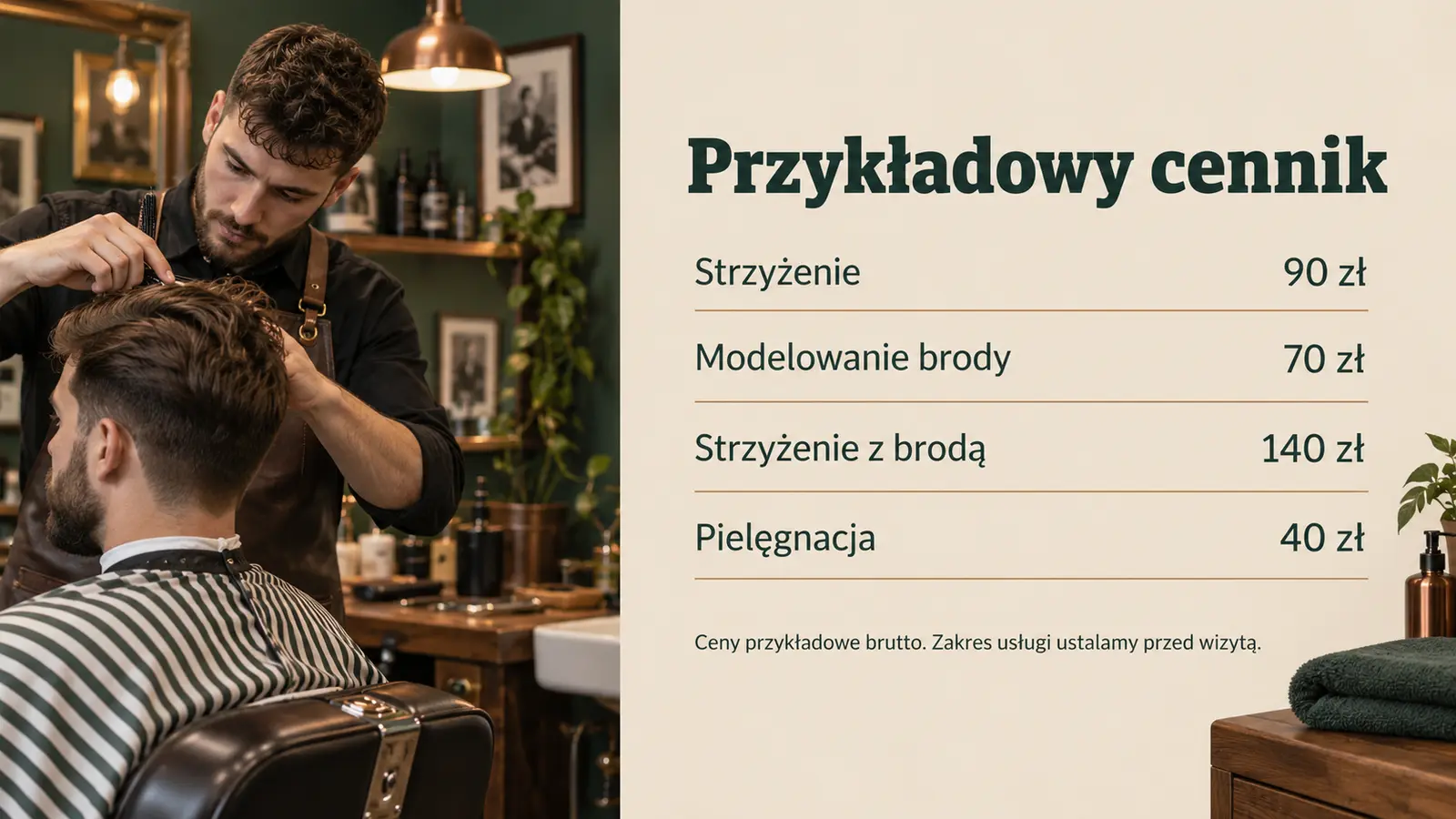 Projekt szablonu Klasyczny dla barbera — sekcja Cennik