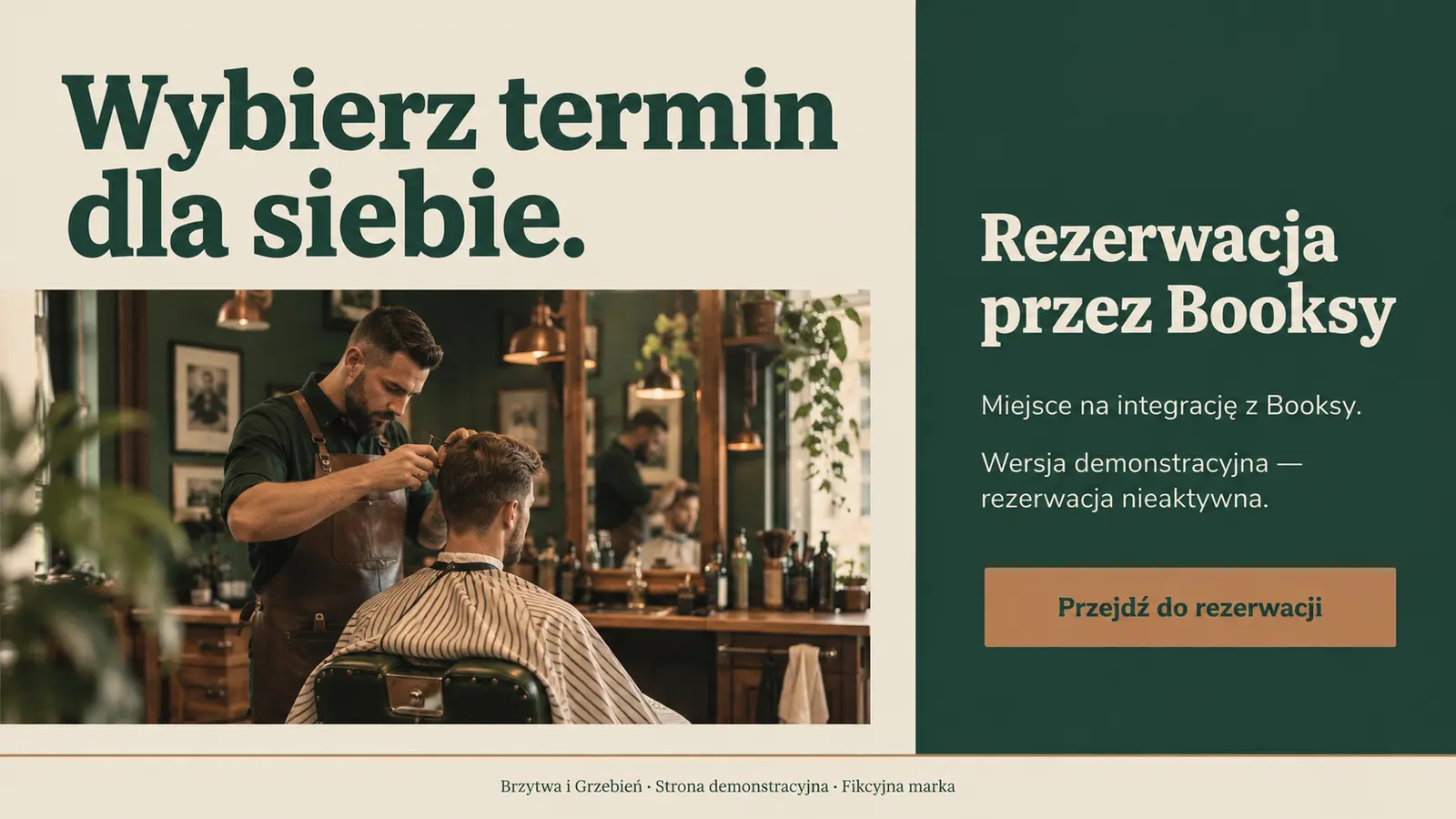 Projekt szablonu Klasyczny dla barbera — sekcja Rezerwacja i kontakt