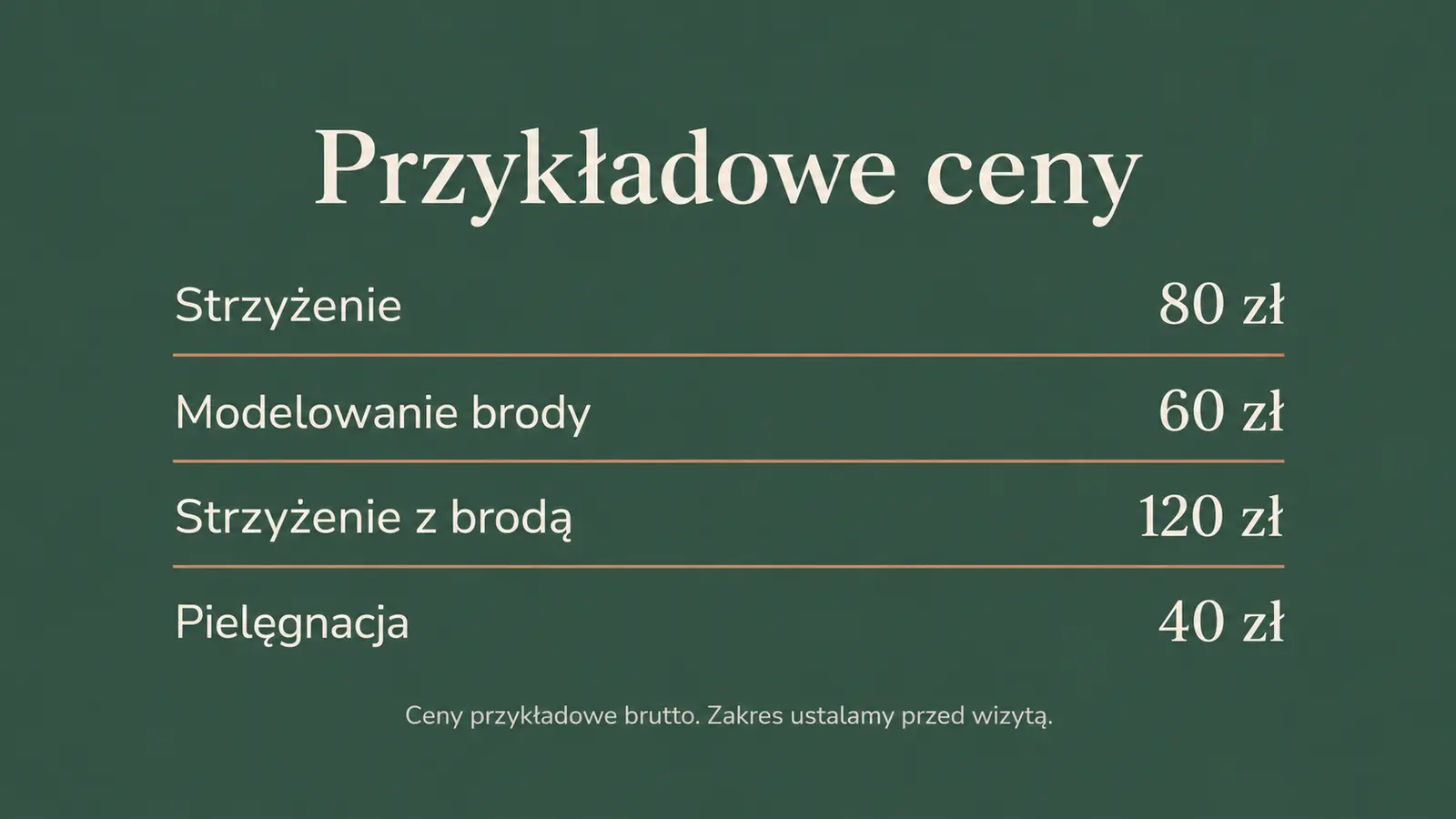 Projekt szablonu Lokalny dla barbera — sekcja Cennik