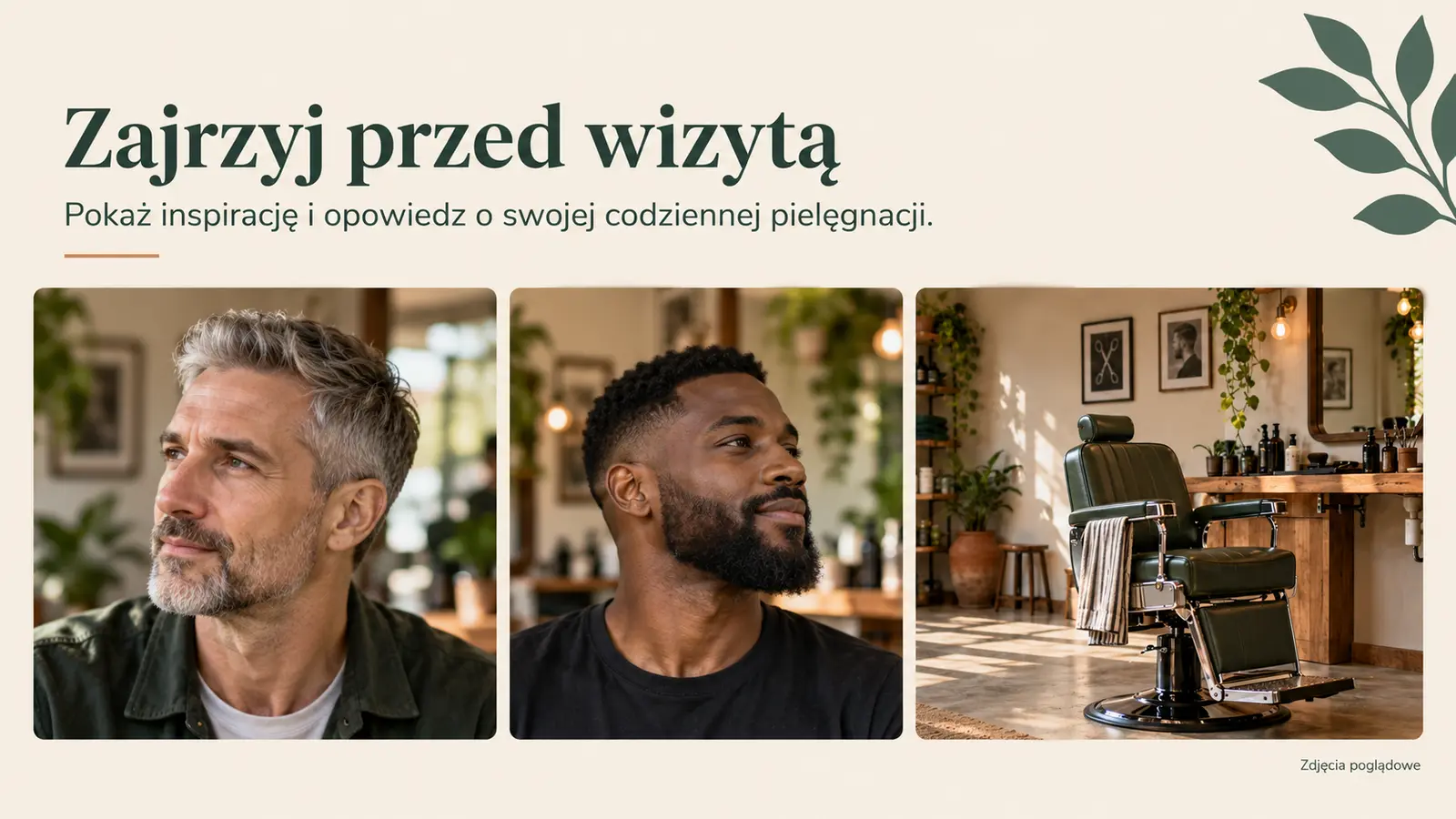 Projekt szablonu Lokalny dla barbera — sekcja Galeria i wizyta