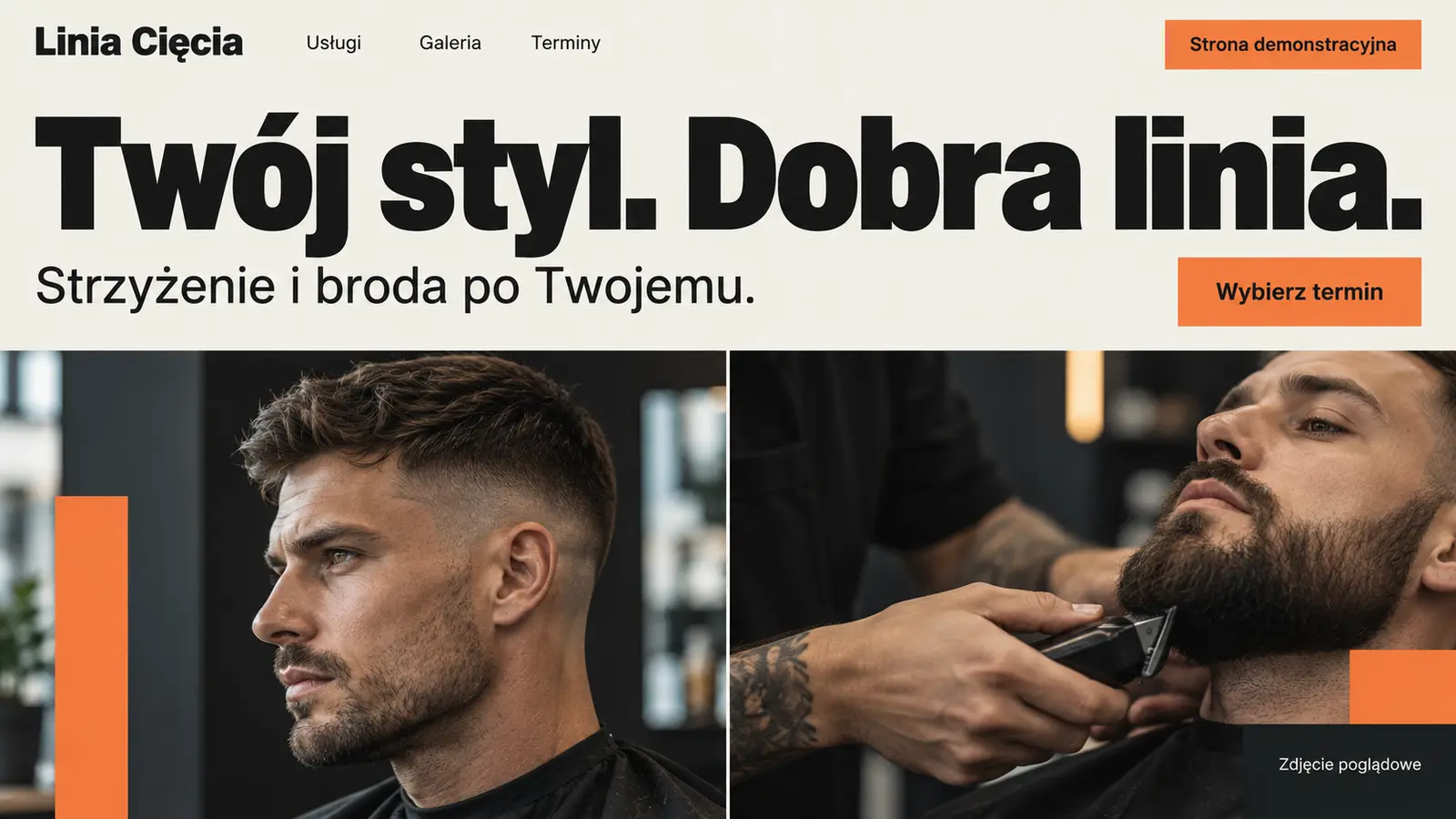 Projekt szablonu Nowoczesny dla barbera — sekcja Linia Cięcia