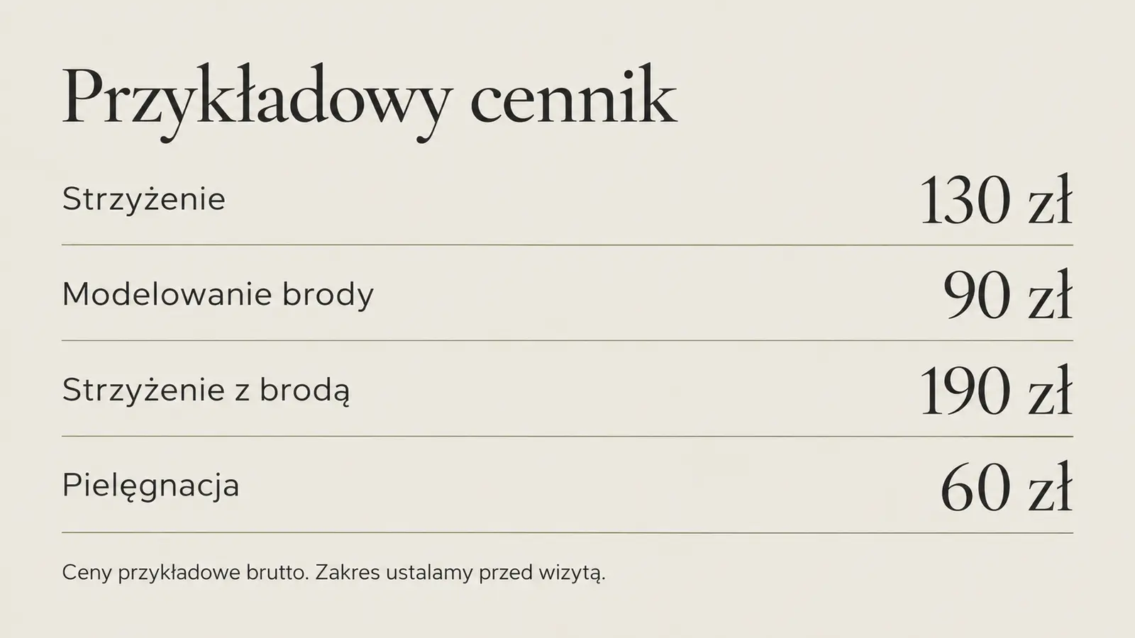 Projekt szablonu Premium dla barbera — sekcja Cennik