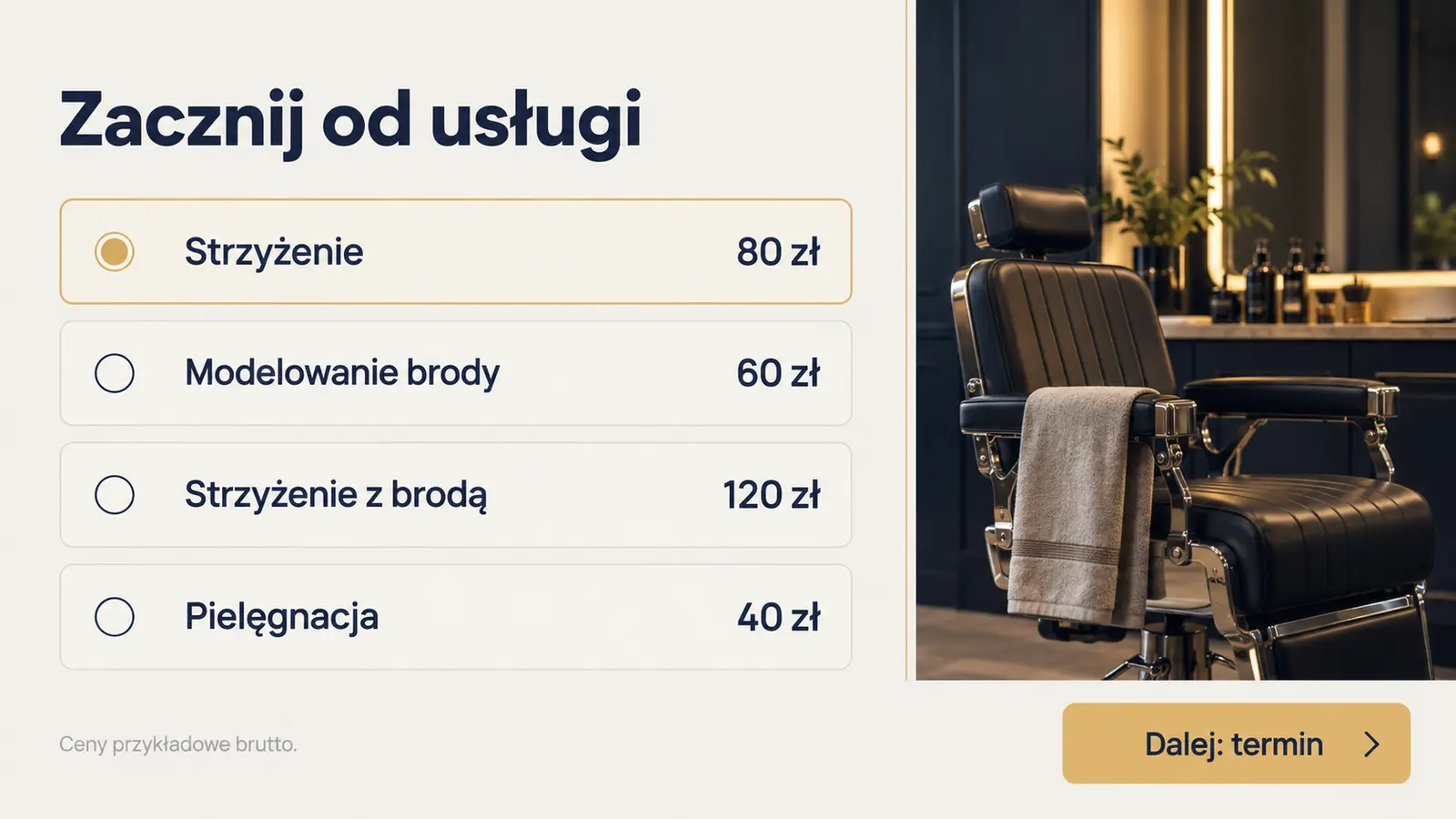 Projekt szablonu Rezerwacje dla barbera — sekcja Wybierz usługę