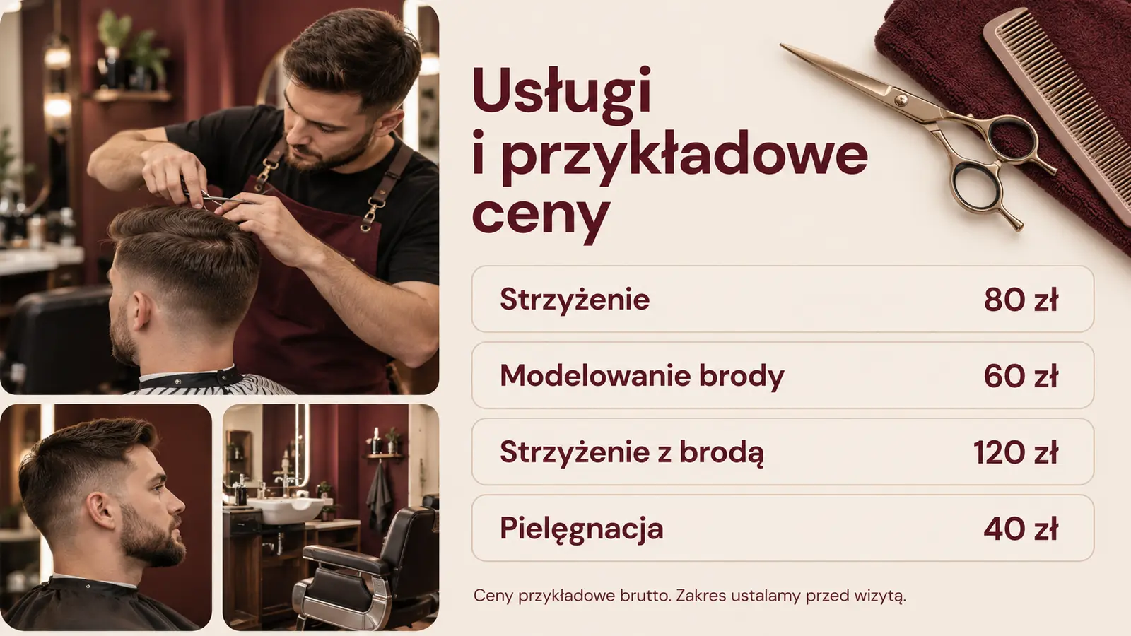 Projekt szablonu Wizytówka dla barbera — sekcja Oferta i ceny
