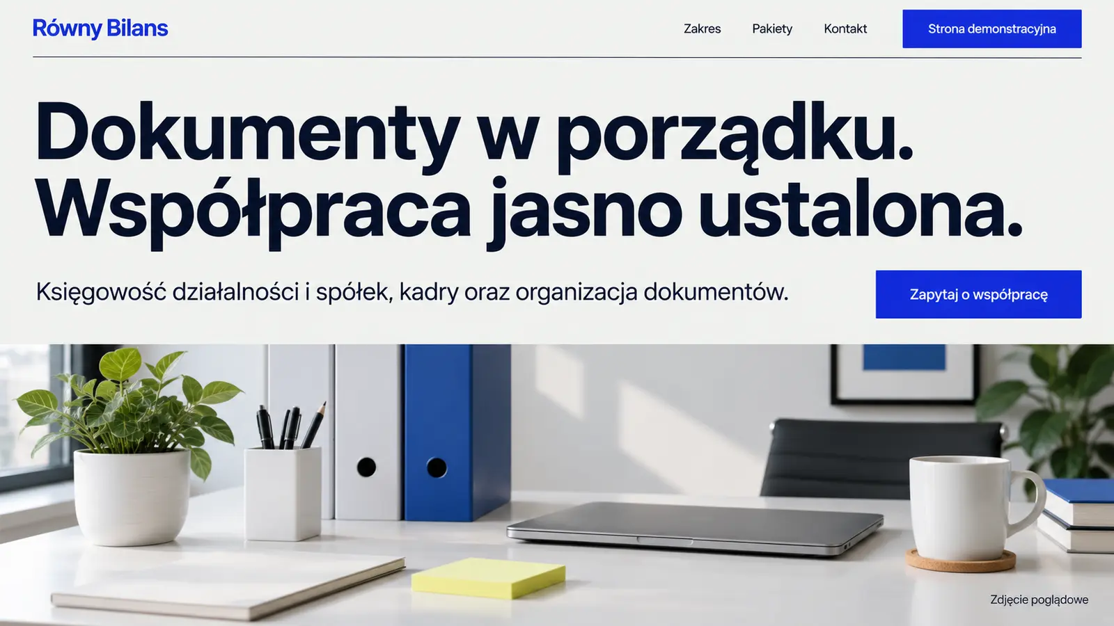 Projekt szablonu Nowoczesny dla biura rachunkowego — sekcja Równy Bilans