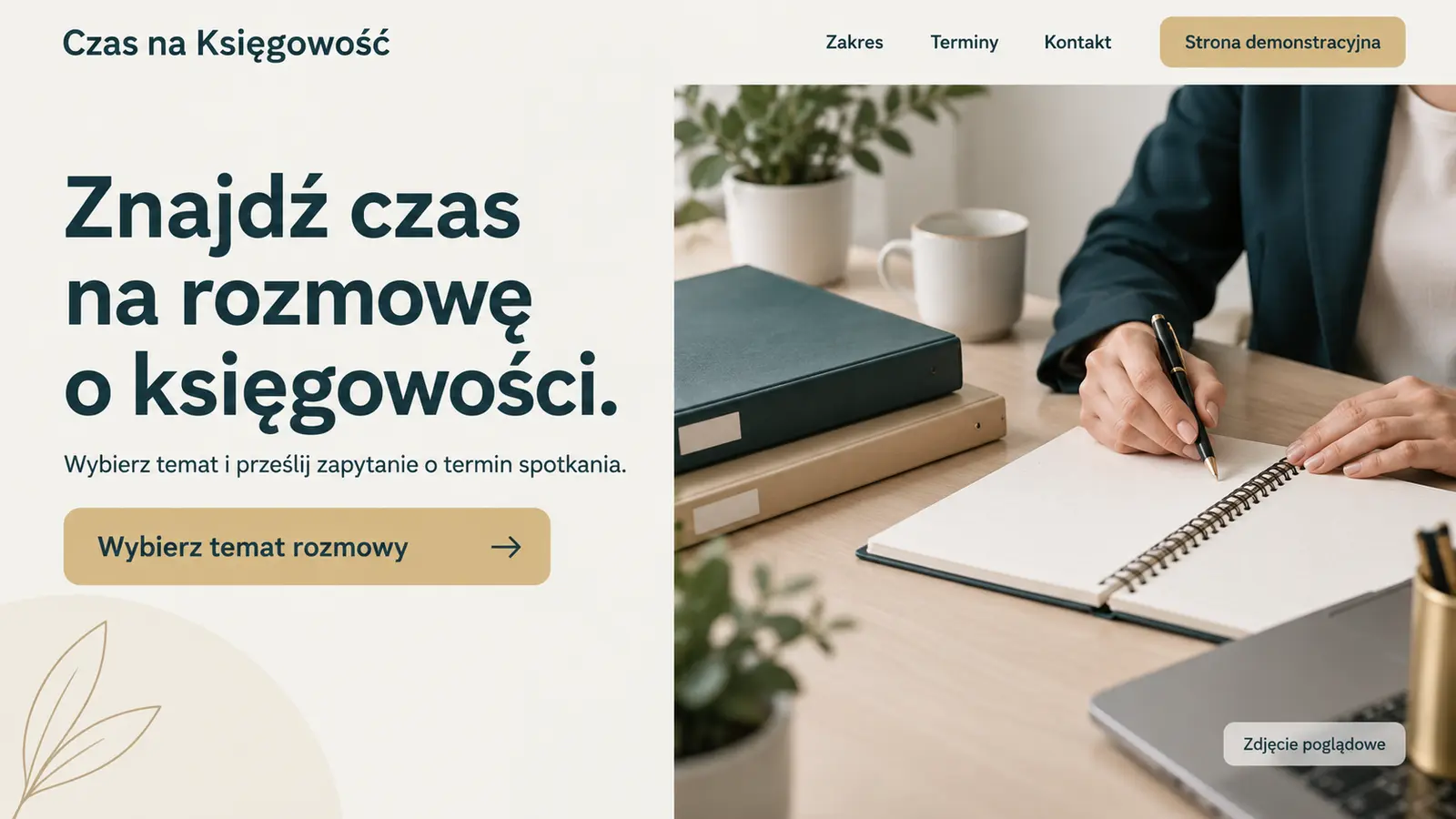 Projekt szablonu Rezerwacje dla biura rachunkowego — sekcja Umów rozmowę