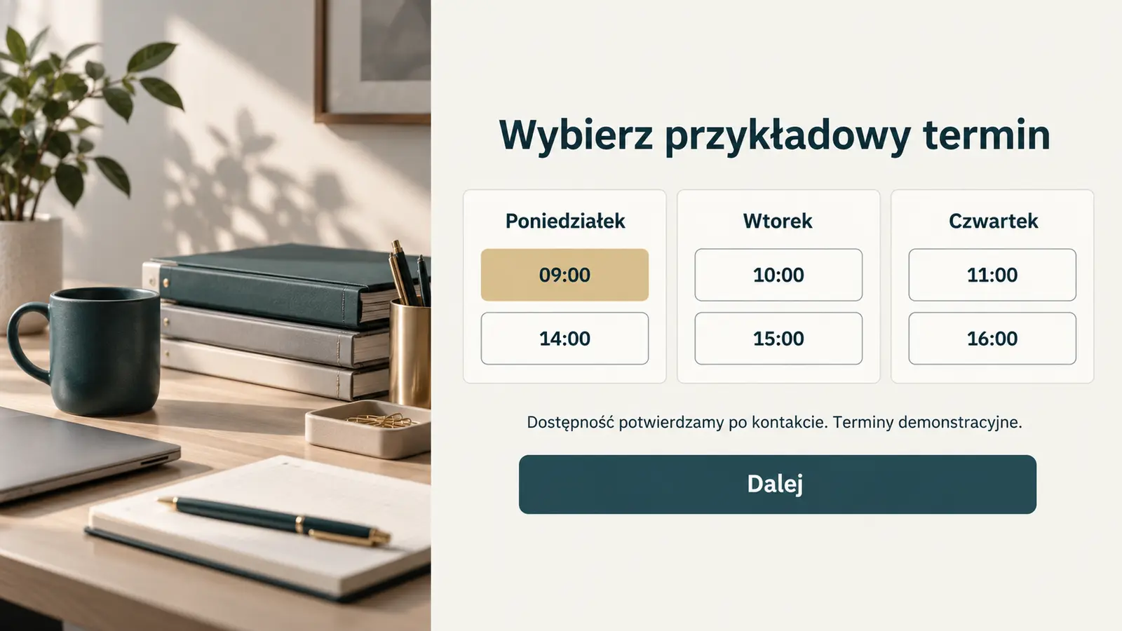 Projekt szablonu Rezerwacje dla biura rachunkowego — sekcja Terminy