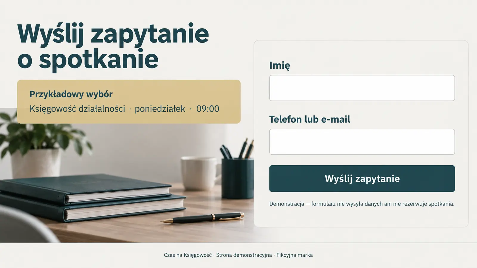 Projekt szablonu Rezerwacje dla biura rachunkowego — sekcja Zapytanie o termin