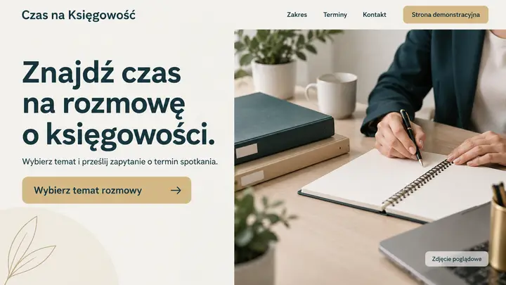 Projekt szablonu Rezerwacje dla branży Biuro rachunkowe — pierwszy ekran