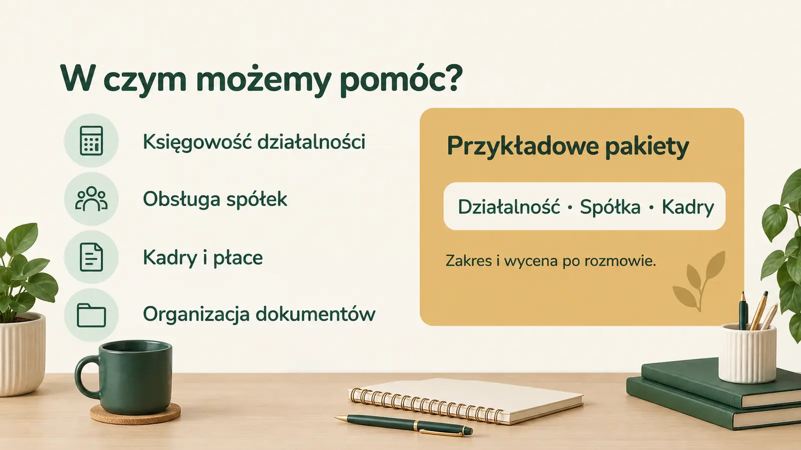 Projekt szablonu Wizytówka dla biura rachunkowego — sekcja Oferta i pakiety