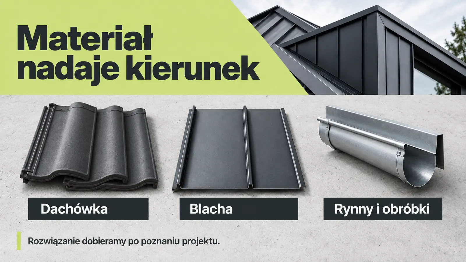 Projekt szablonu Nowoczesny dla dekarza — sekcja Materiały