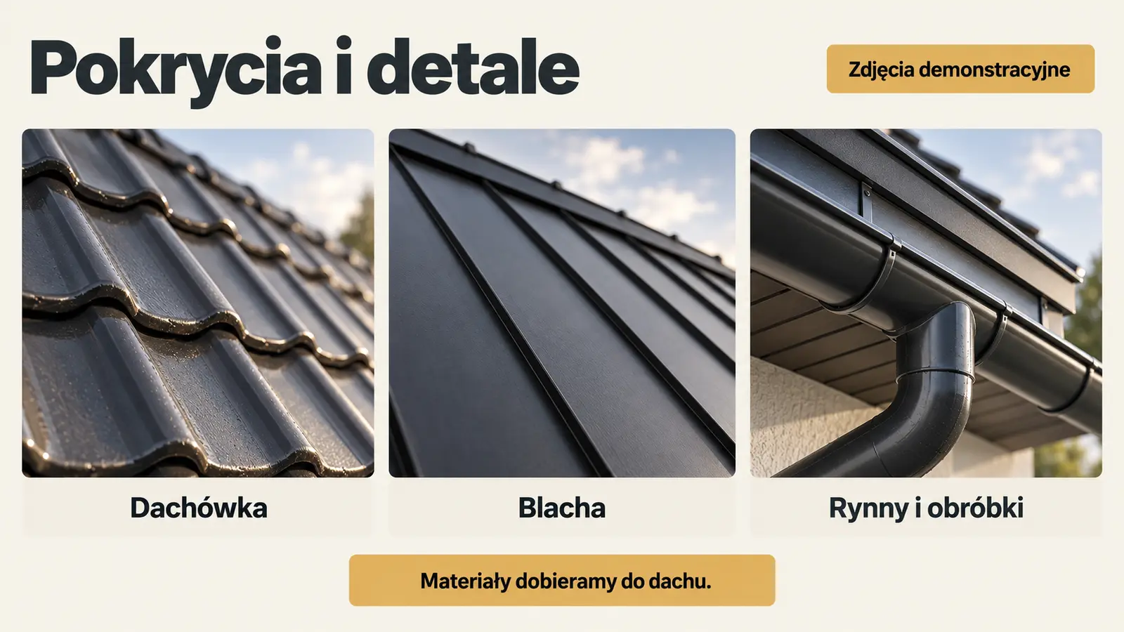 Projekt szablonu Szybki kontakt dla dekarza — sekcja Galeria i materiały
