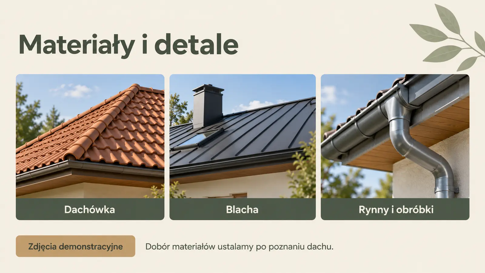 Projekt szablonu Wizytówka dla dekarza — sekcja Materiały i galeria