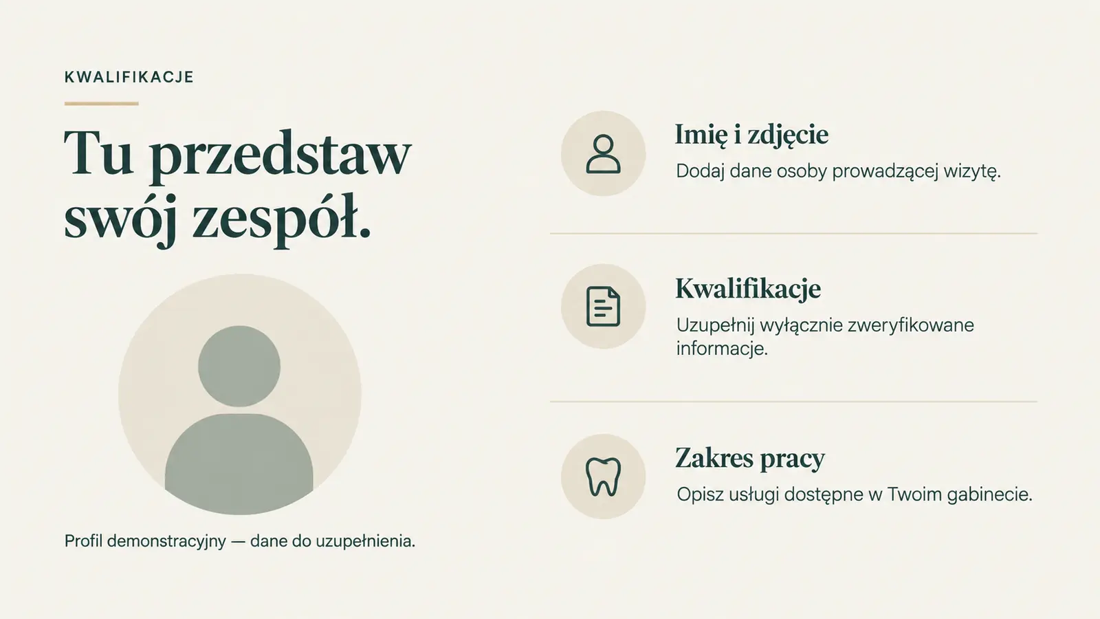 Projekt szablonu Ekspert dla gabinetu stomatologicznego — sekcja Zweryfikowane dane zespołu