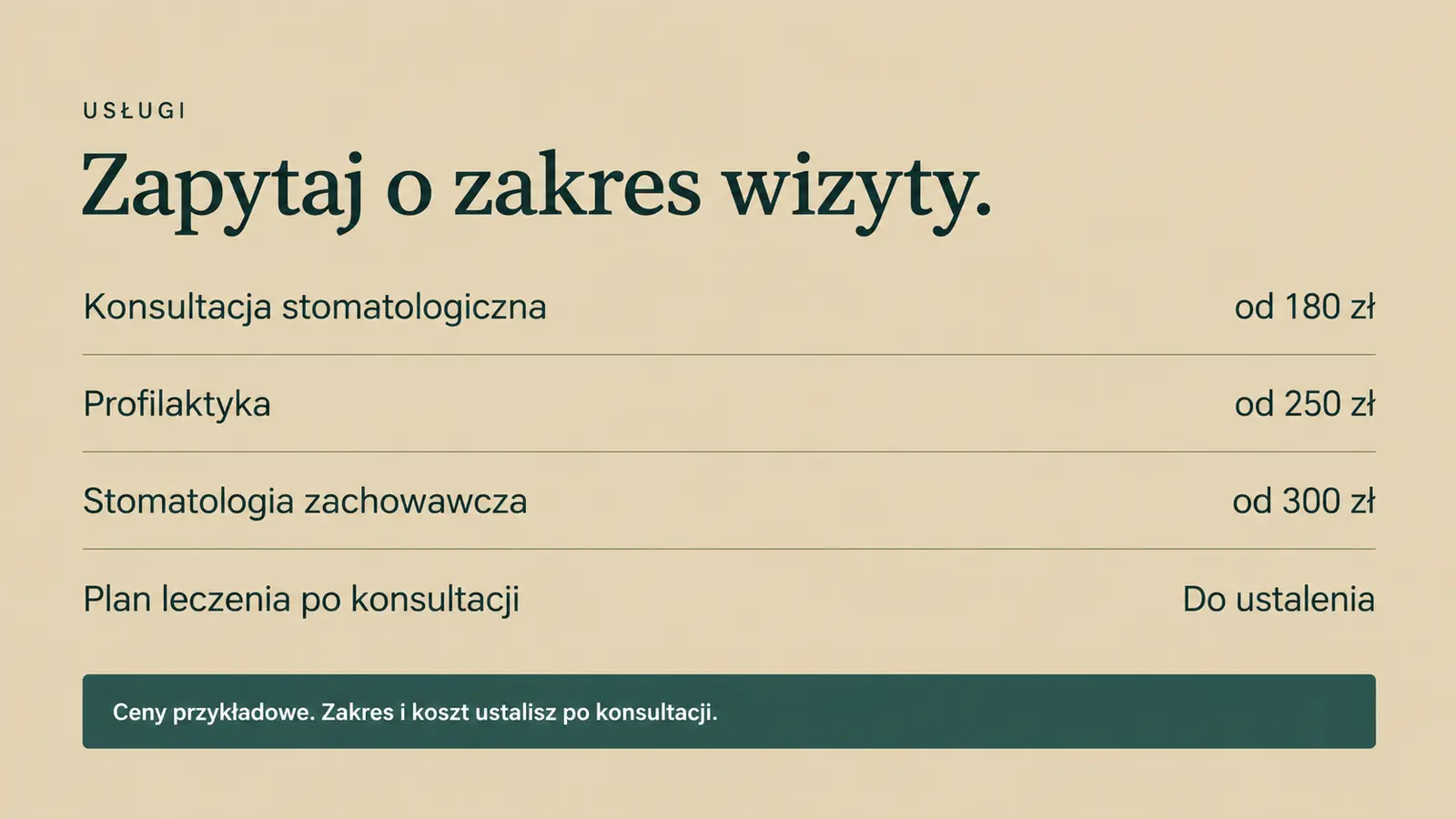 Projekt szablonu Ekspert dla gabinetu stomatologicznego — sekcja Usługi i ceny