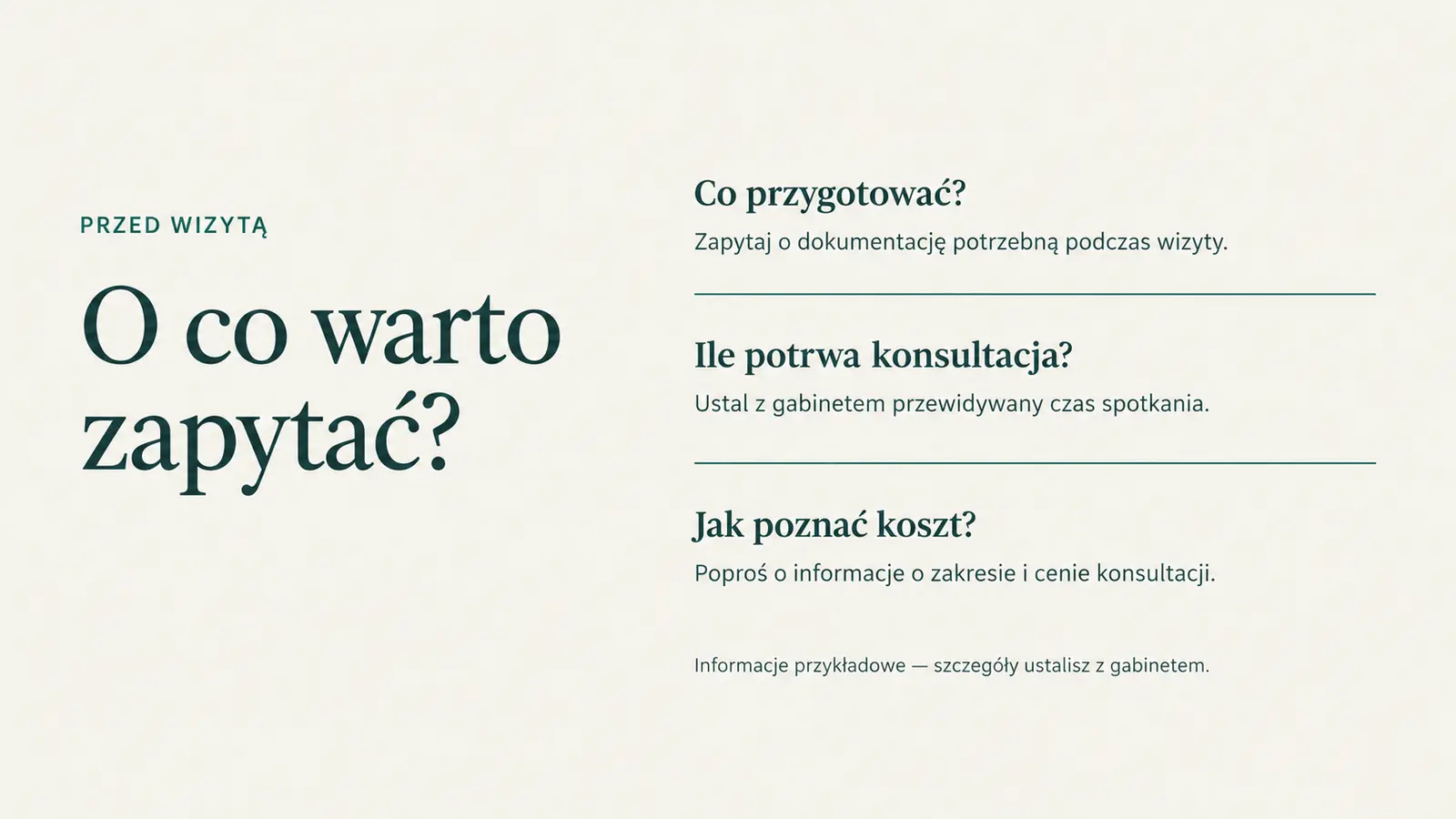 Projekt szablonu Ekspert dla gabinetu stomatologicznego — sekcja Informacje przed pierwszą wizytą