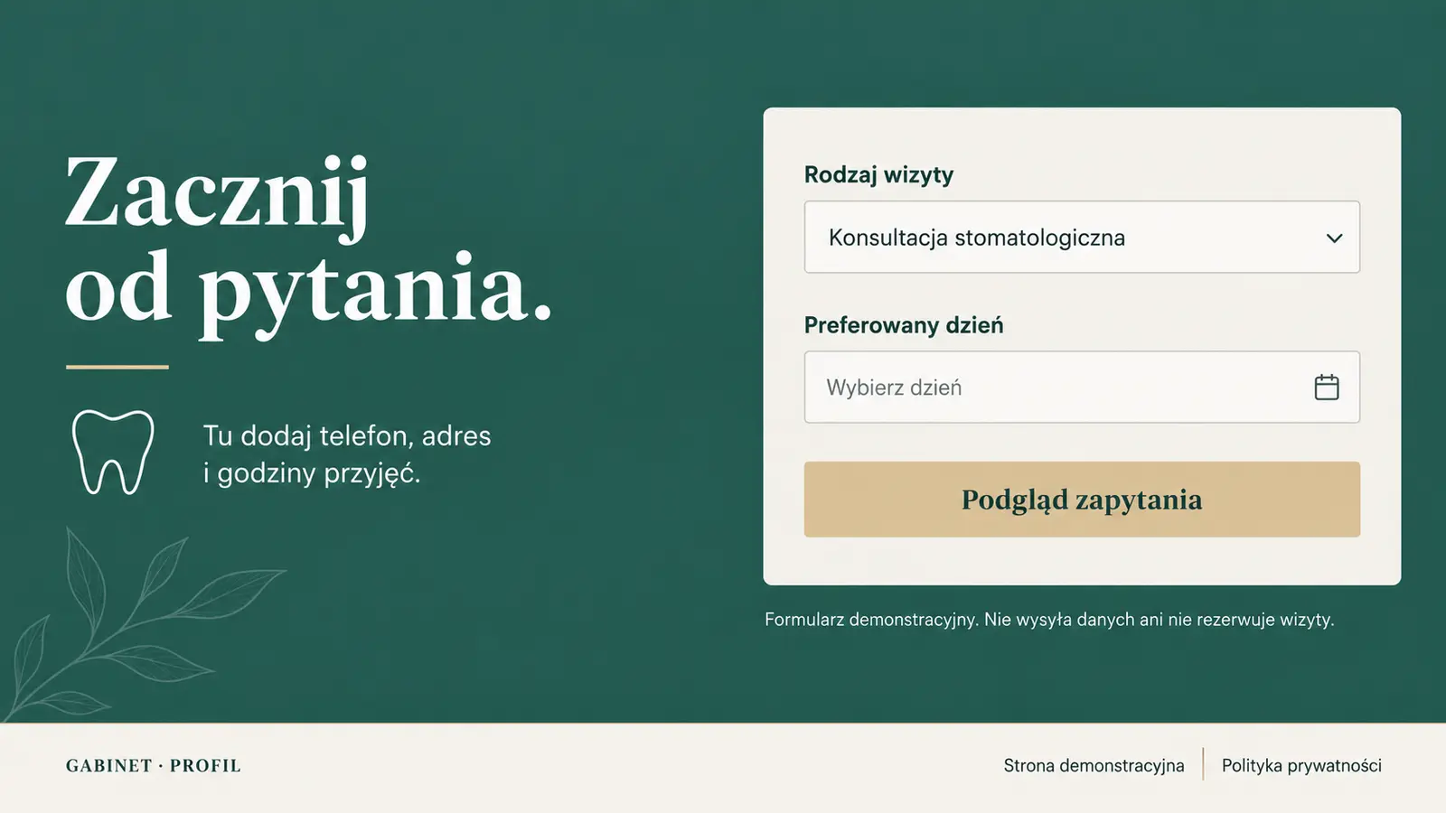 Projekt szablonu Ekspert dla gabinetu stomatologicznego — sekcja Zapytanie i kontakt