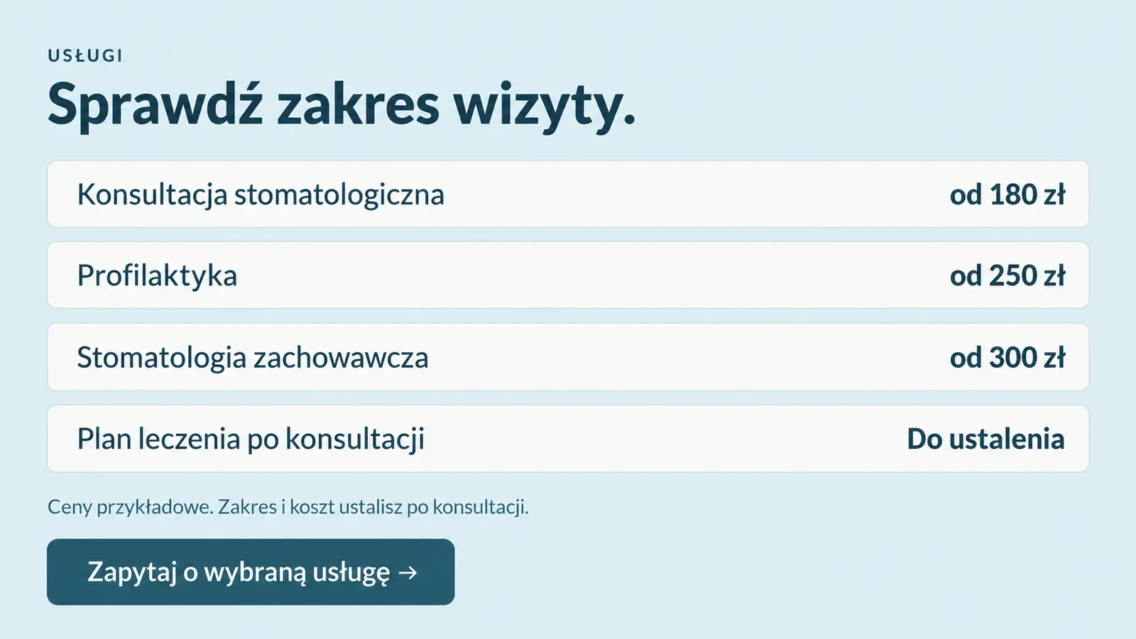 Projekt szablonu Klasyczny dla gabinetu stomatologicznego — sekcja Usługi i cennik