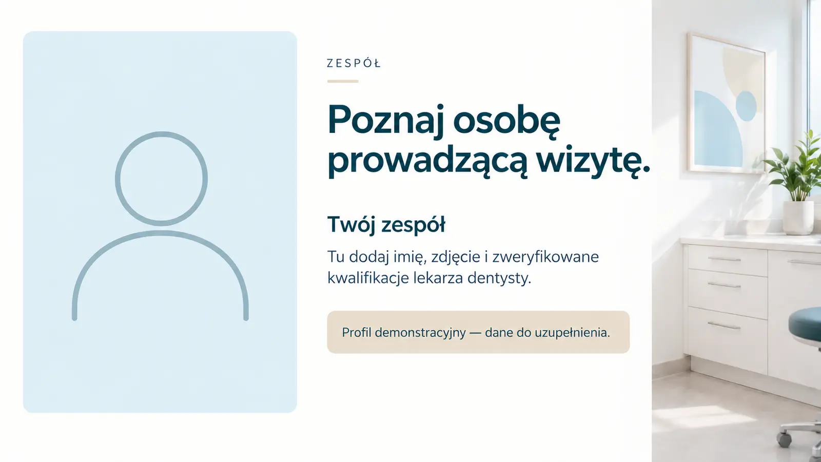 Projekt szablonu Klasyczny dla gabinetu stomatologicznego — sekcja Zespół i kwalifikacje