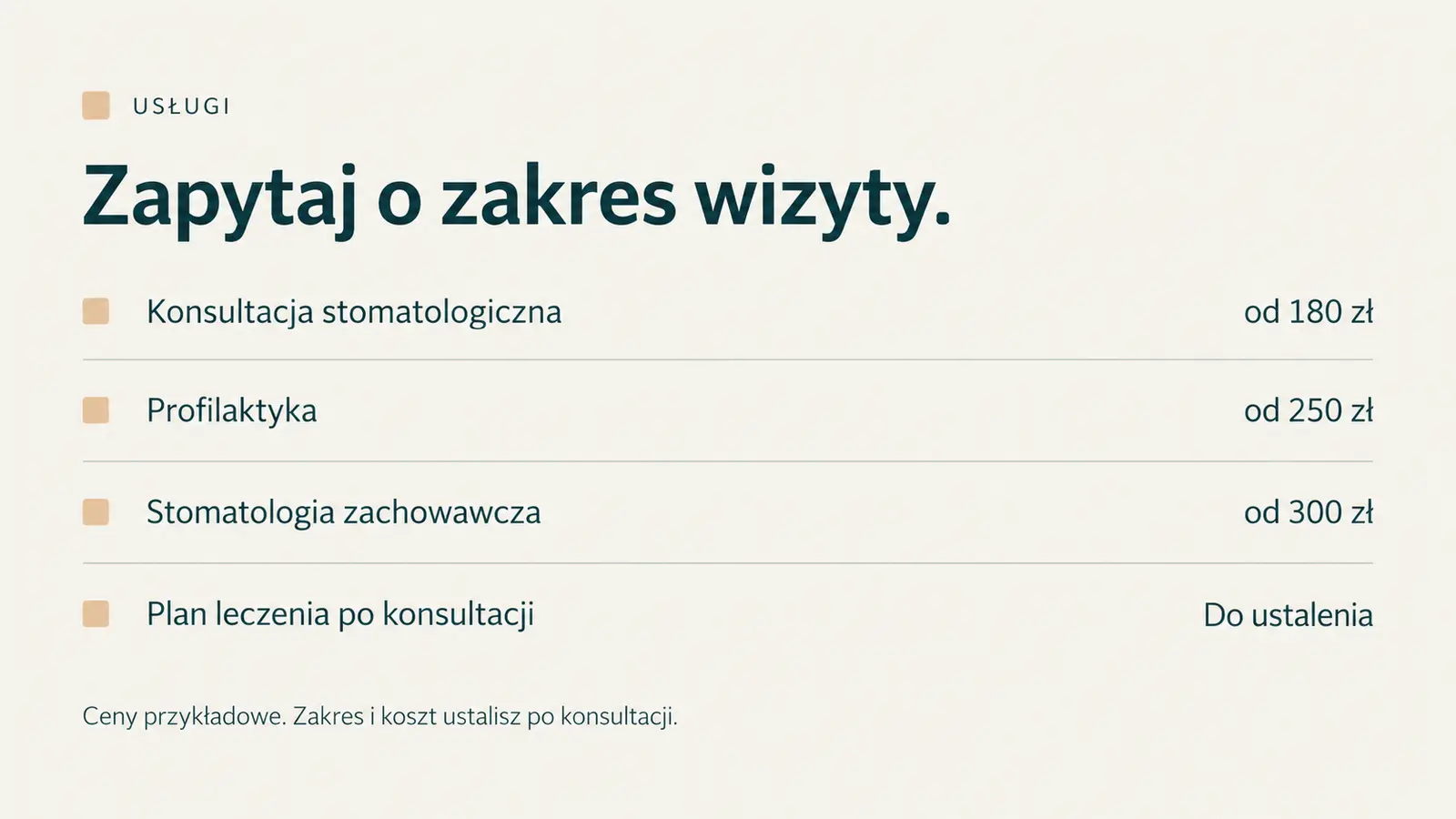 Projekt szablonu Lokalny dla gabinetu stomatologicznego — sekcja Usługi i ceny