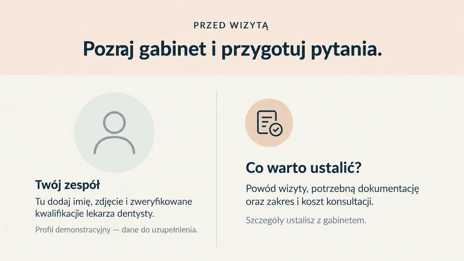 Projekt szablonu Lokalny dla gabinetu stomatologicznego — sekcja Zespół i przygotowanie
