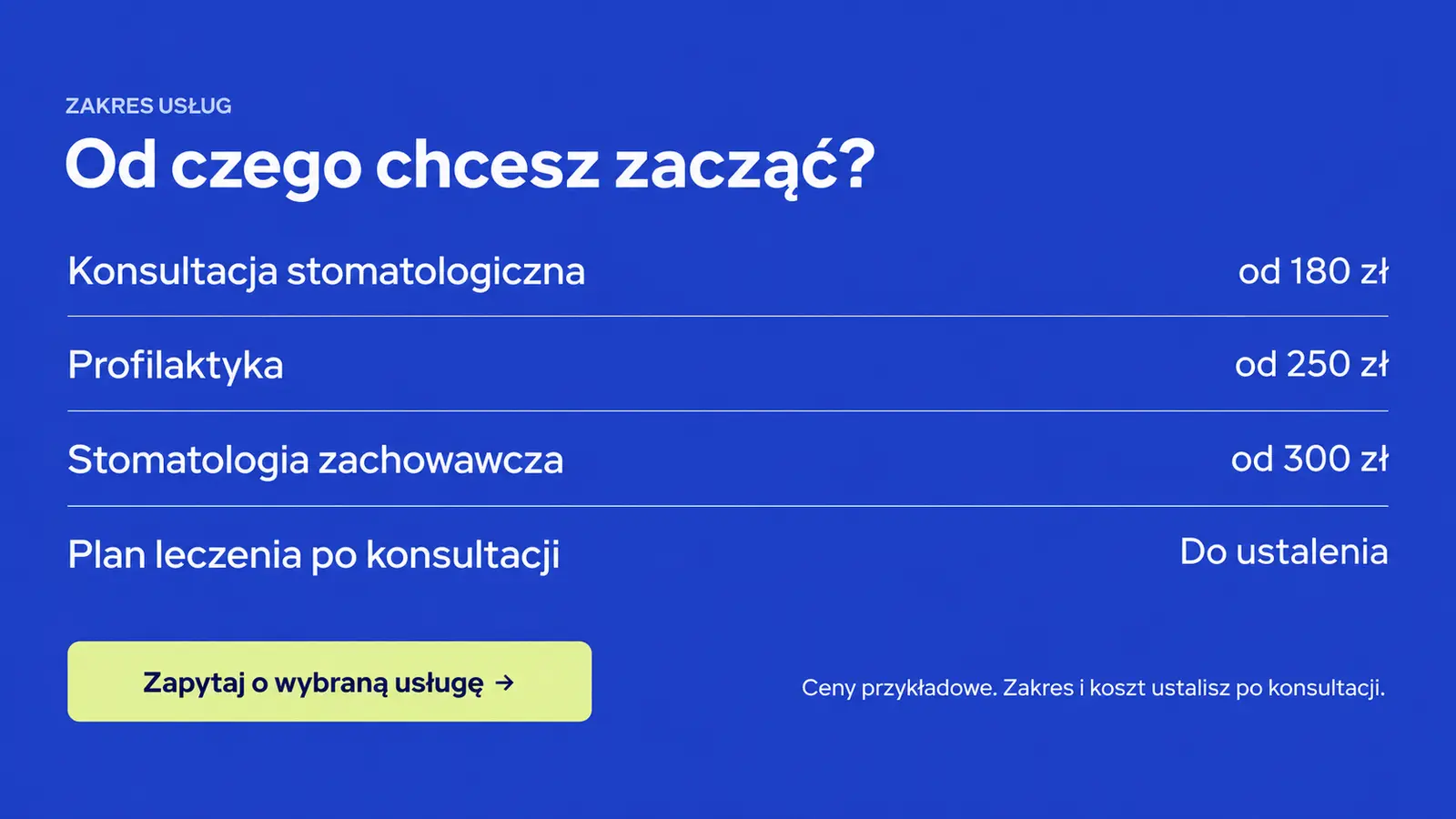 Projekt szablonu Nowoczesny dla gabinetu stomatologicznego — sekcja Usługi z cenami
