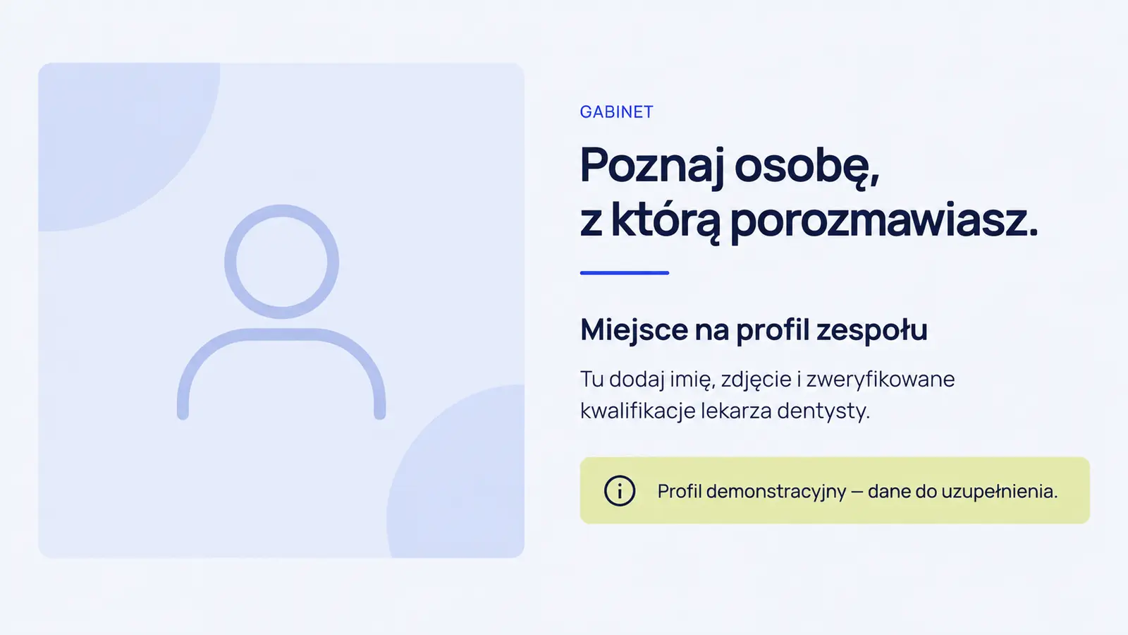 Projekt szablonu Nowoczesny dla gabinetu stomatologicznego — sekcja Gabinet i zespół