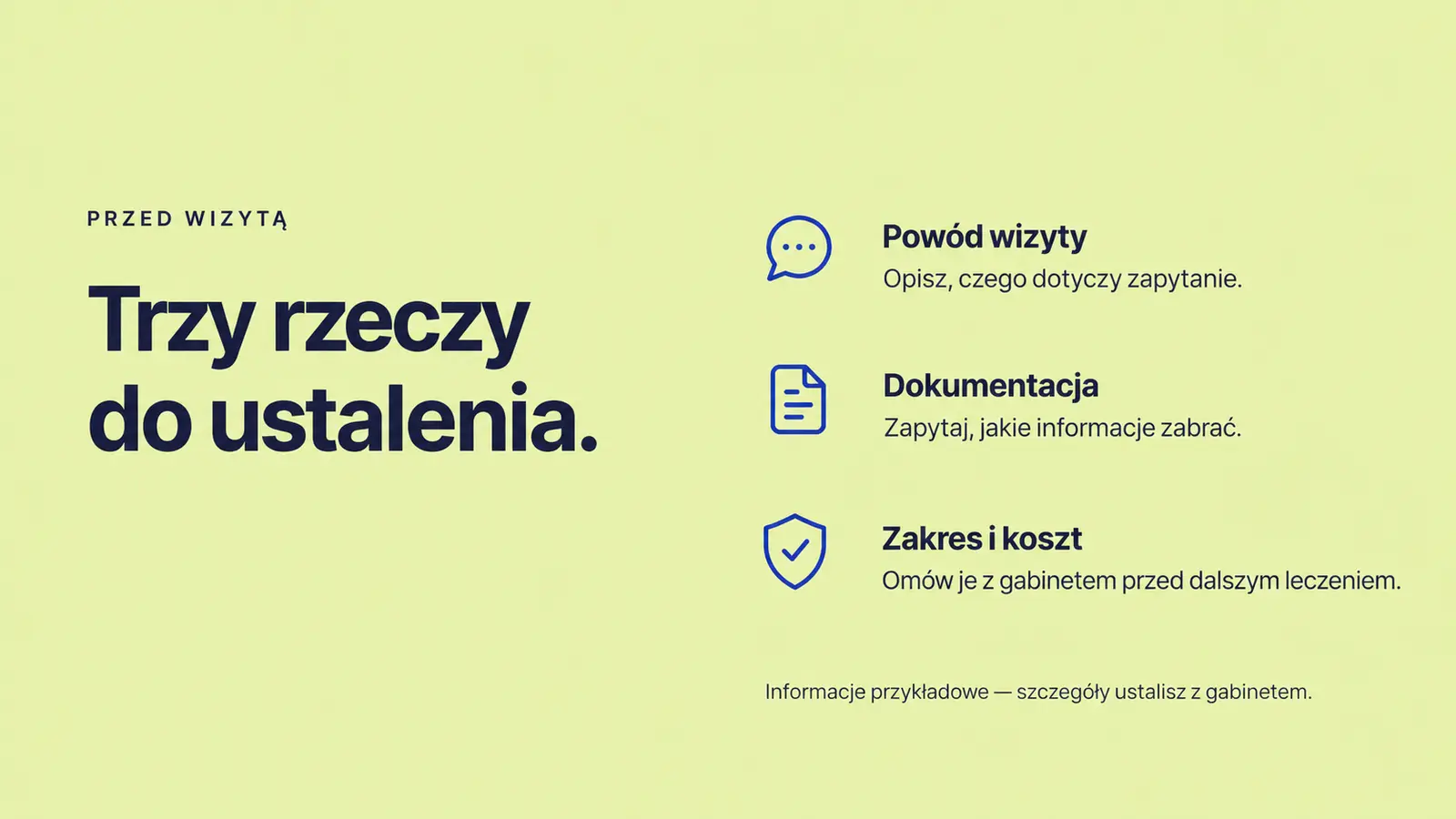 Projekt szablonu Nowoczesny dla gabinetu stomatologicznego — sekcja Przygotowanie do wizyty